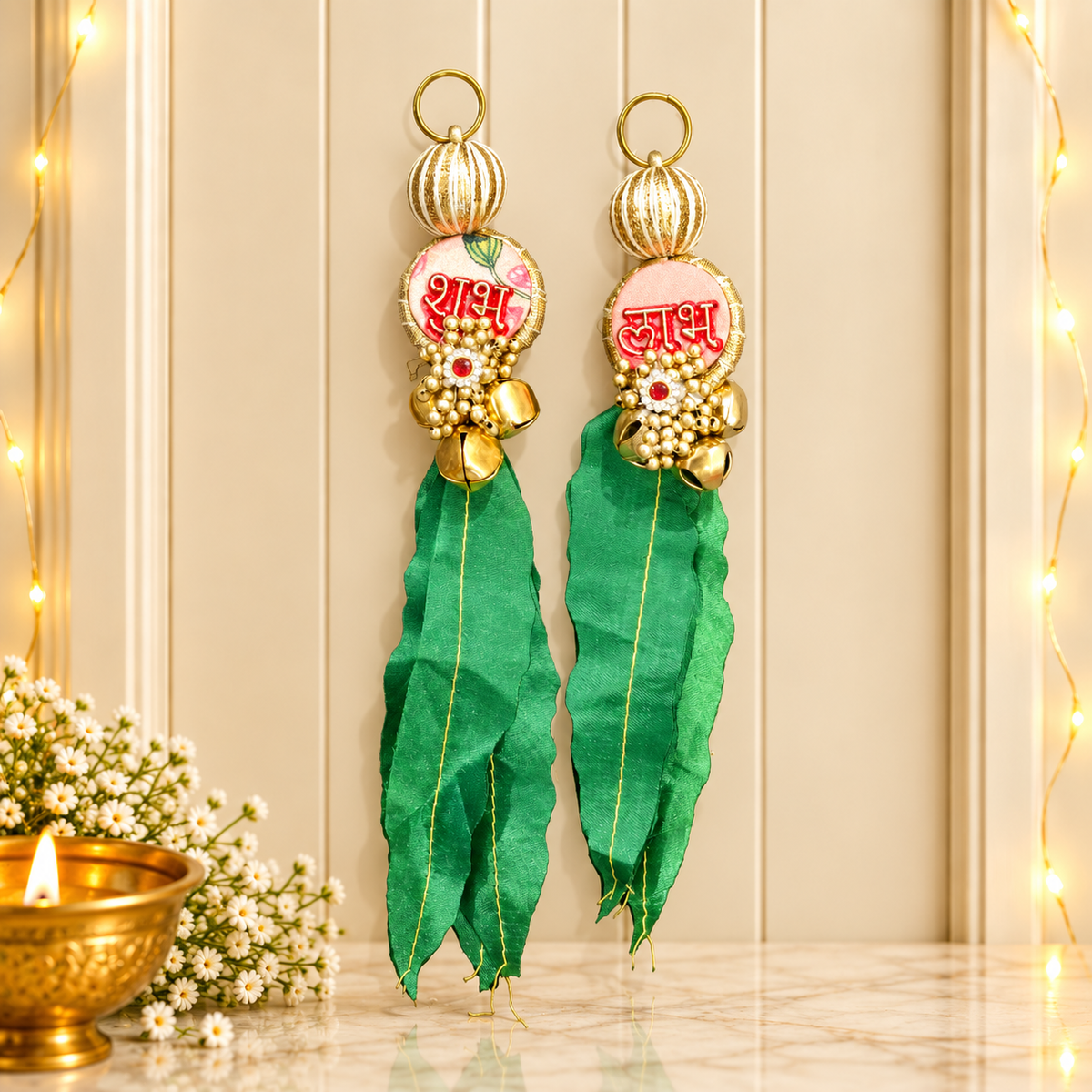 Leaf Accent Shubh Labh pair used as decorative accessory for Diwali and wedding gift hampers