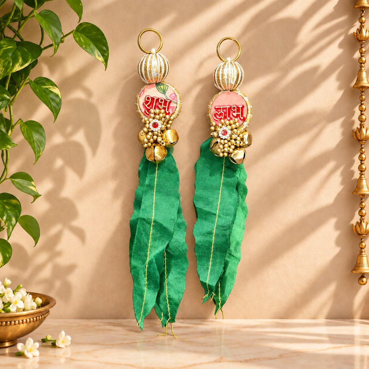 Leaf Accent Shubh Labh pair displayed on entrance door for Diwali decoration