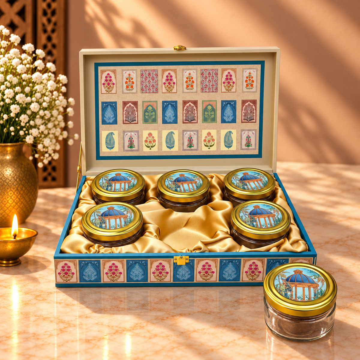 Royal Pavilion Heritage gift box with six jars for dry fruits, nuts, mukhwas, sweets and chocolates