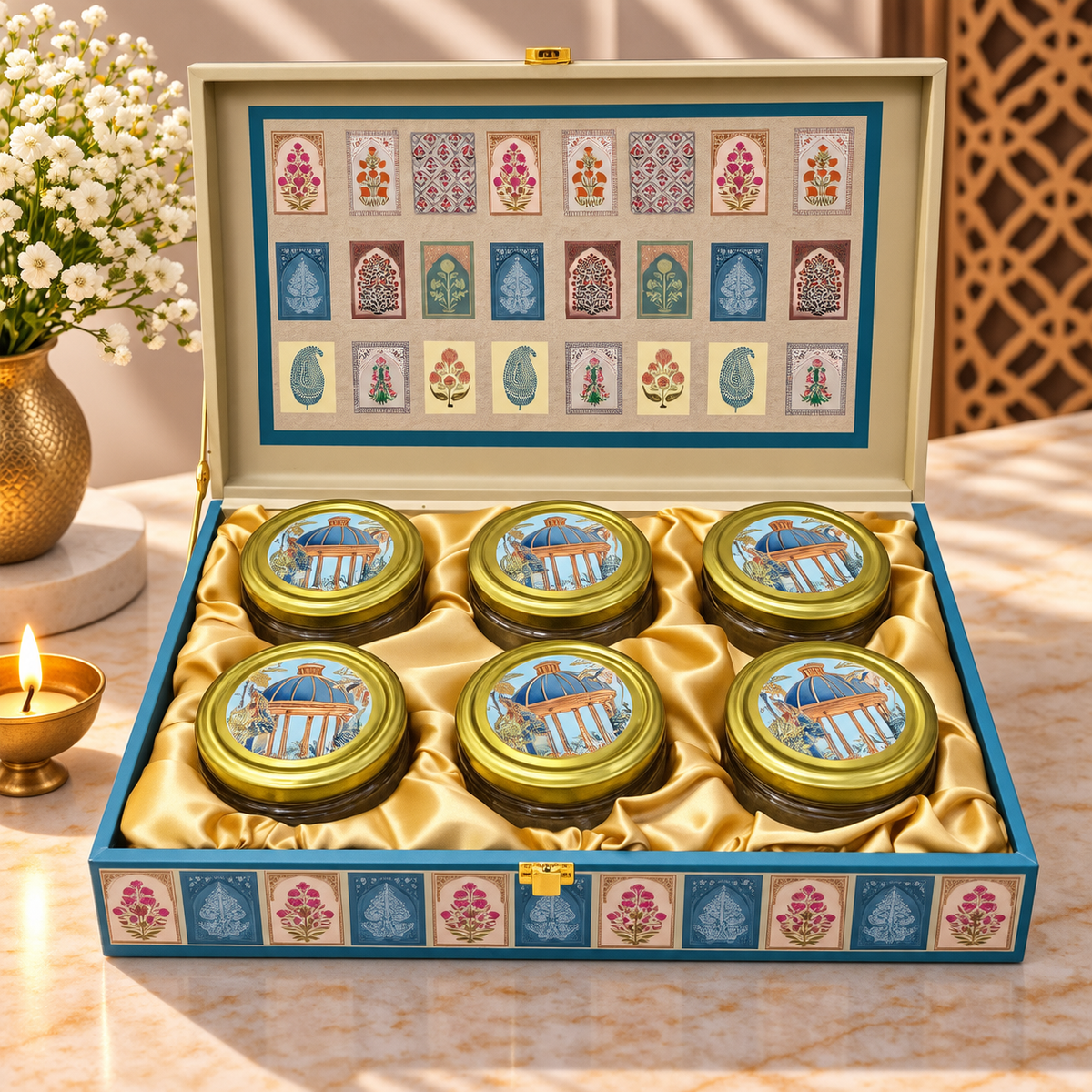 Royal Pavilion Heritage 6-jar luxury dry fruit and nut gift box measuring 14 x 9 x 3 inches