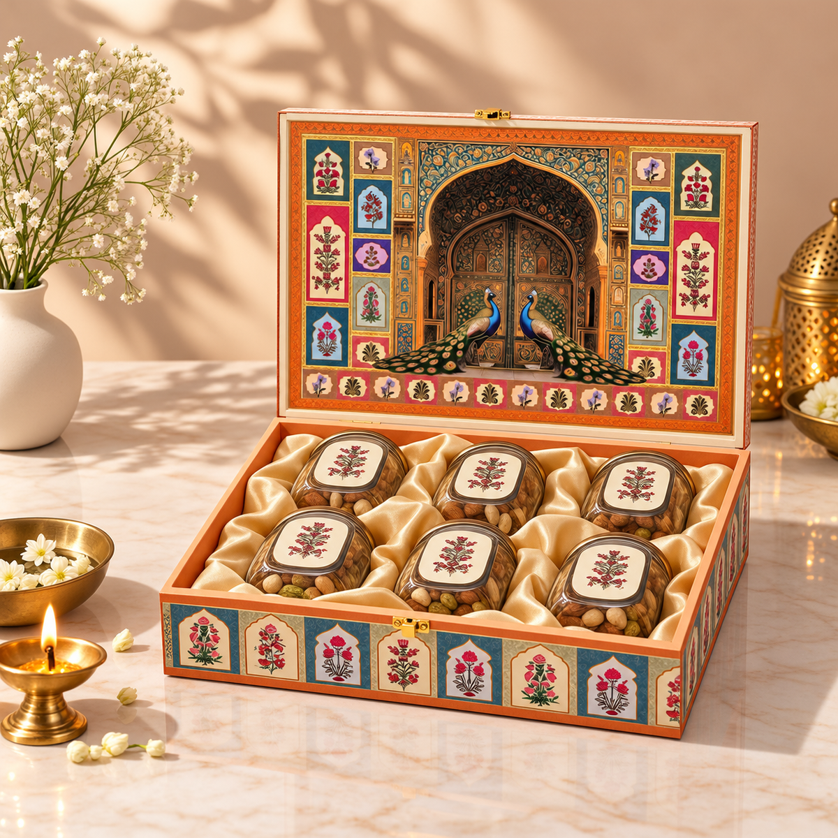 Royal Peacock Palace 6-jar luxury dry fruit gift box measuring 10 x 15 x 3 inches available in pack of 5