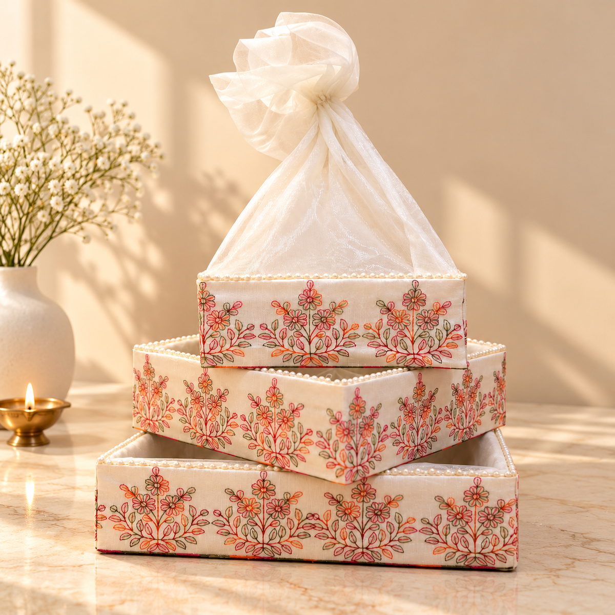 Luxury Wedding Trousseau Nesting Tray Set of 3 in Ivory Textile with Coral Embroidery, Pearl Edging & Sheer Net Cover