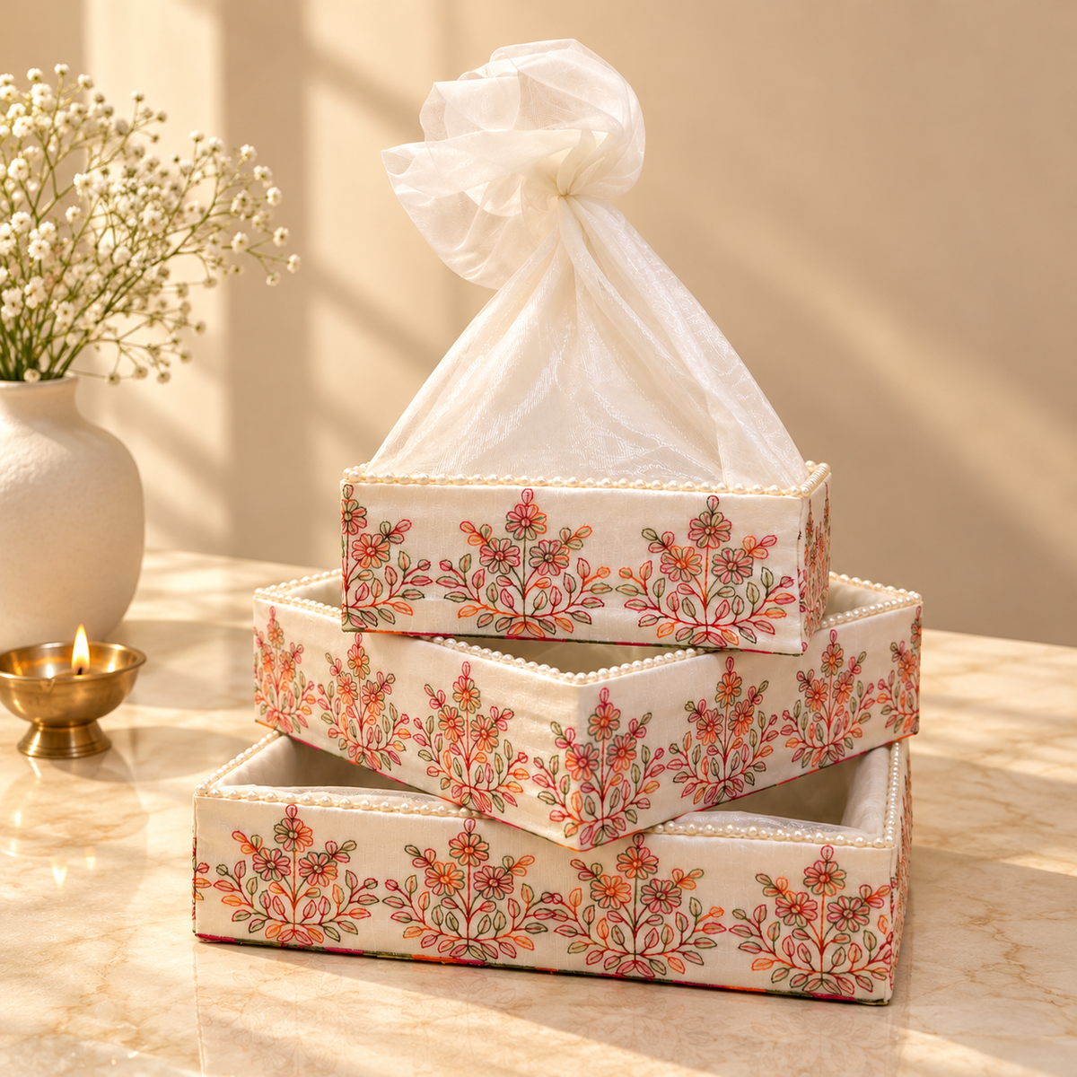 Ivory wedding trousseau nesting tray set of 3 with coral floral embroidery, pearl edging and sheer net covers