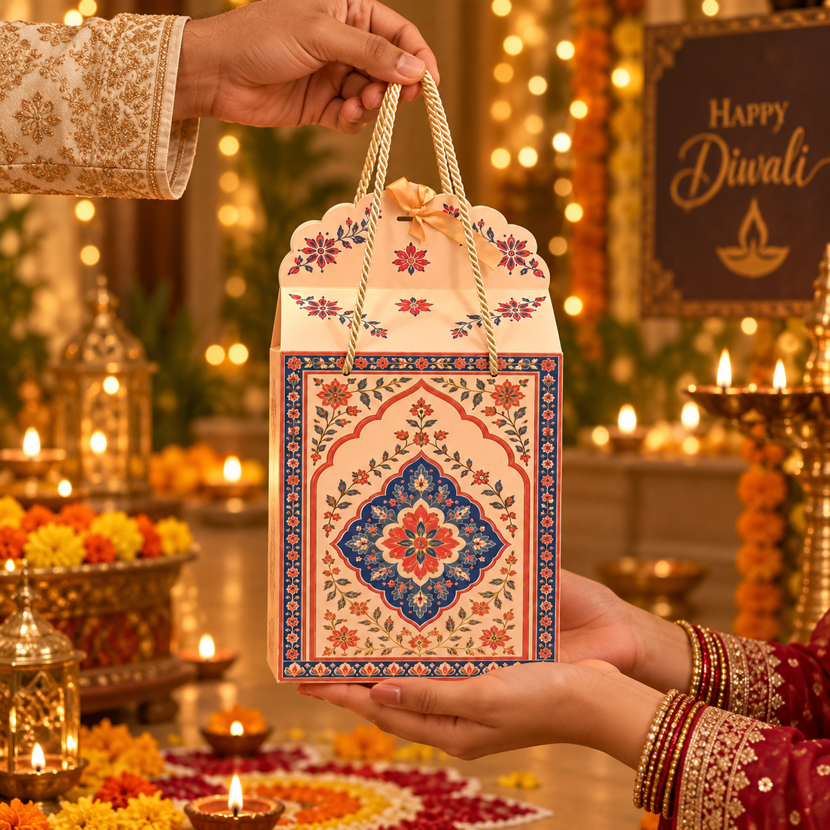 Madhubani Print Window Hamper Box with Rope Handle – 7 x 5 x 9 Inch
