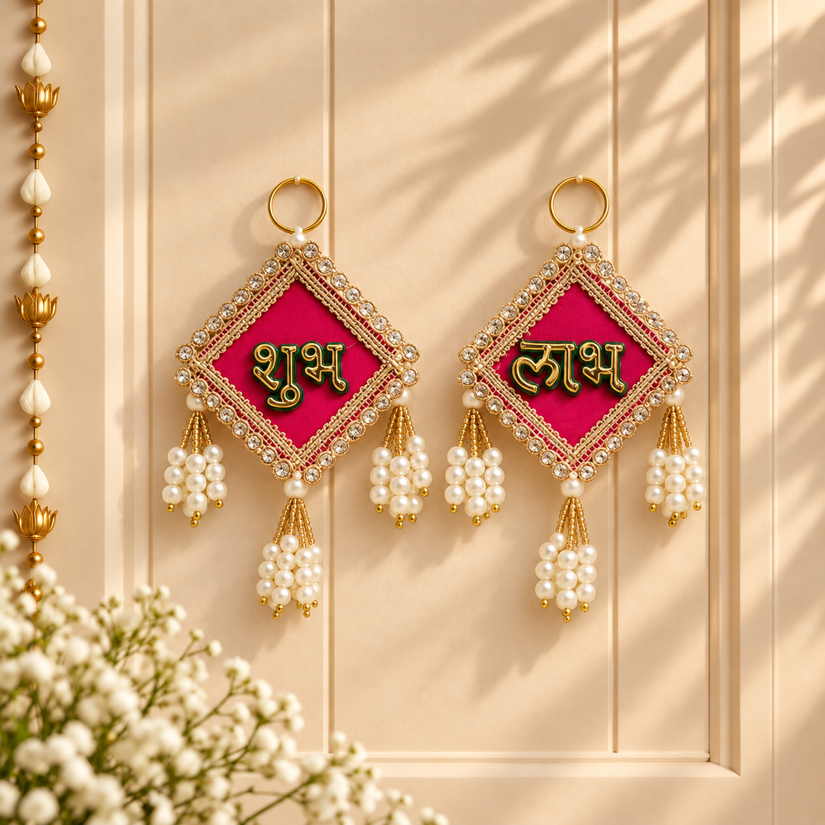 Magenta Diamond Shubh Labh pair used as decorative accessory for Diwali and wedding gift hampers
