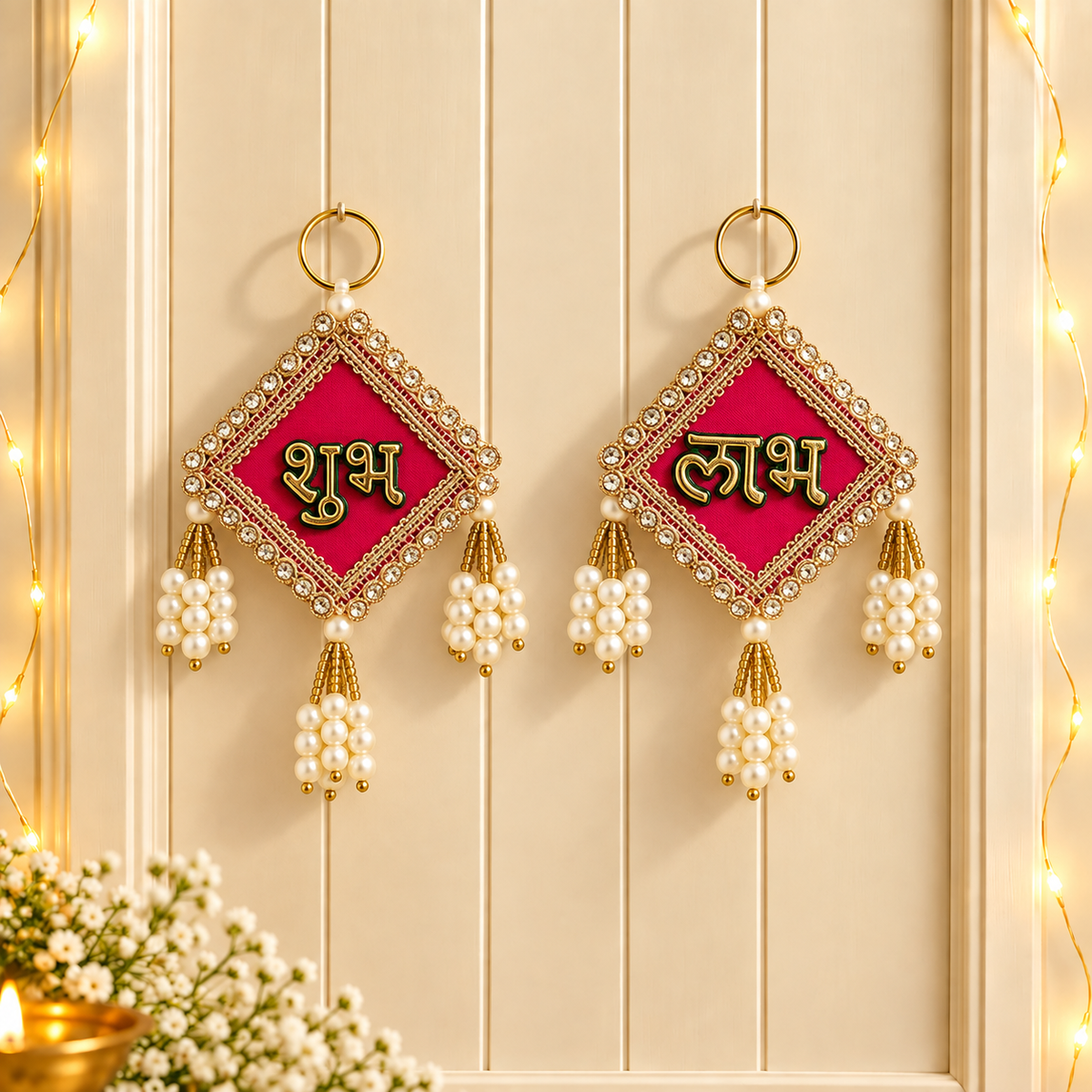 Magenta Diamond Shubh Labh pair hanging on entrance door for Diwali decoration