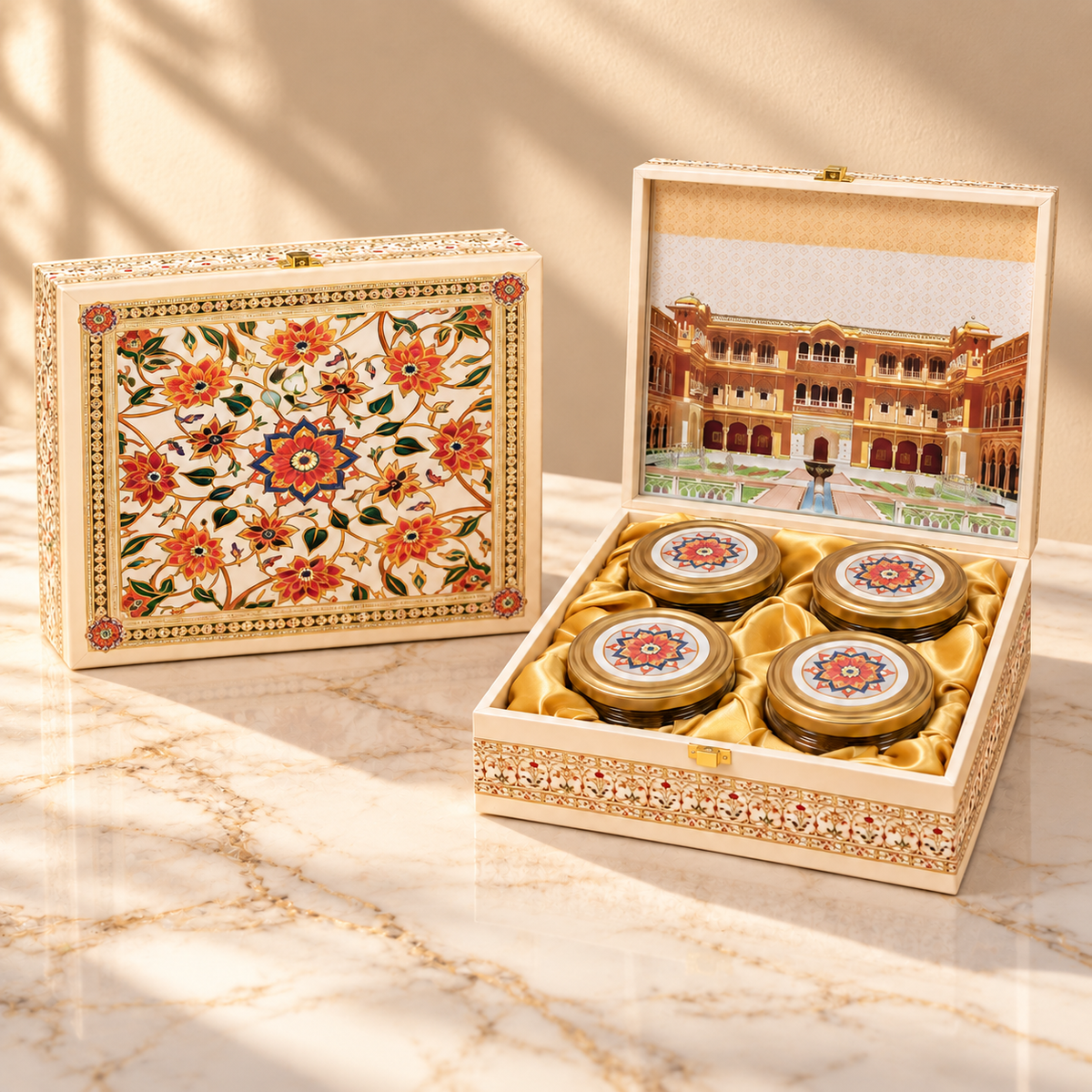 Open Marble Floral 4-jar gift box for dry fruits, sweets, chocolates and festive gifting