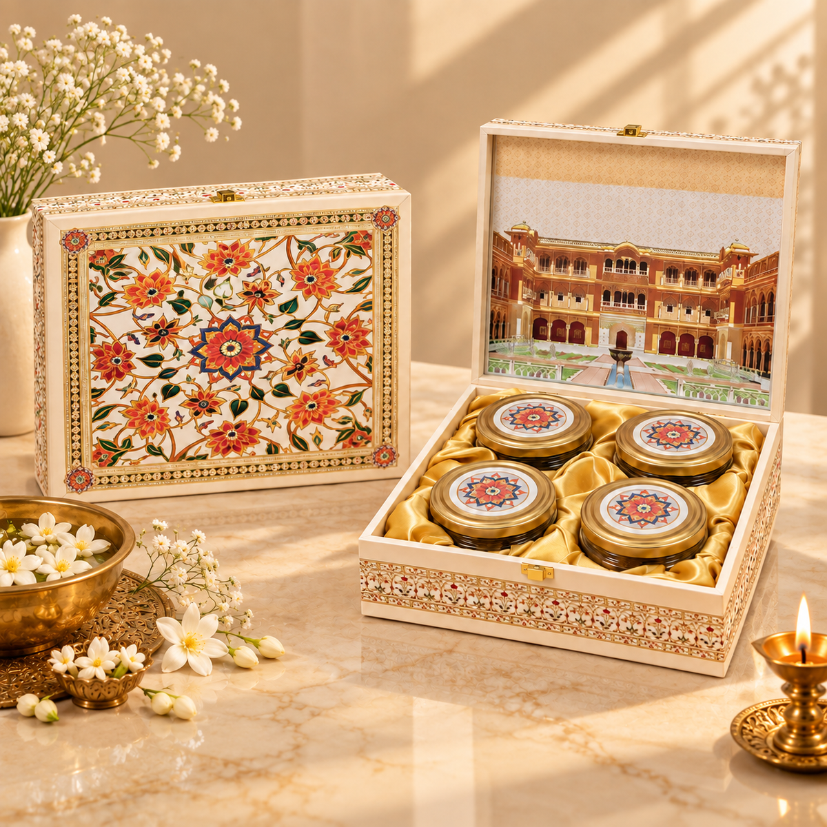 Marble Floral 4-jar luxury dry fruit gift box measuring 9.5 x 9.5 x 3.5 inches available in pack of 5