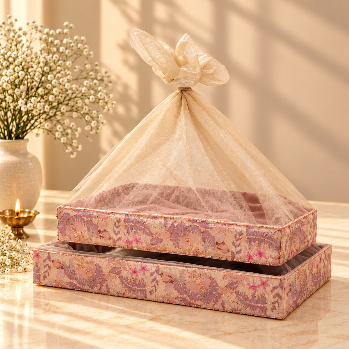 Mauve and Rose Gold large gift tray set of 2 in 18x12 and 21x15 inch sizes
