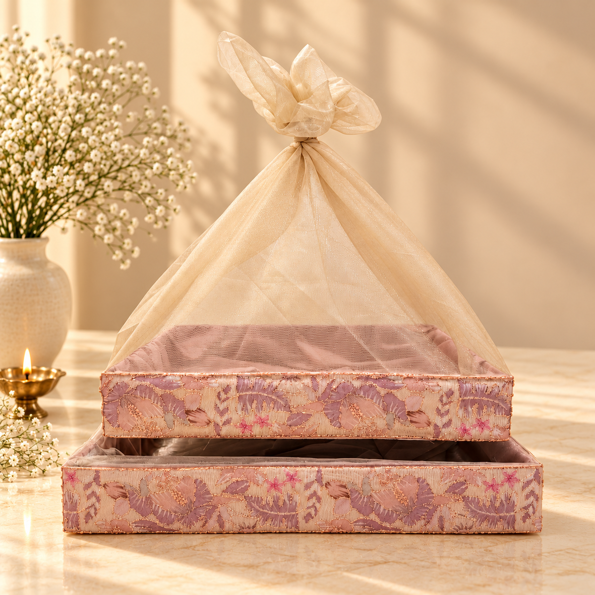Mauve and Rose Gold large 2-piece gift tray set for wedding trousseau, Diwali hampers and premium gifting in India