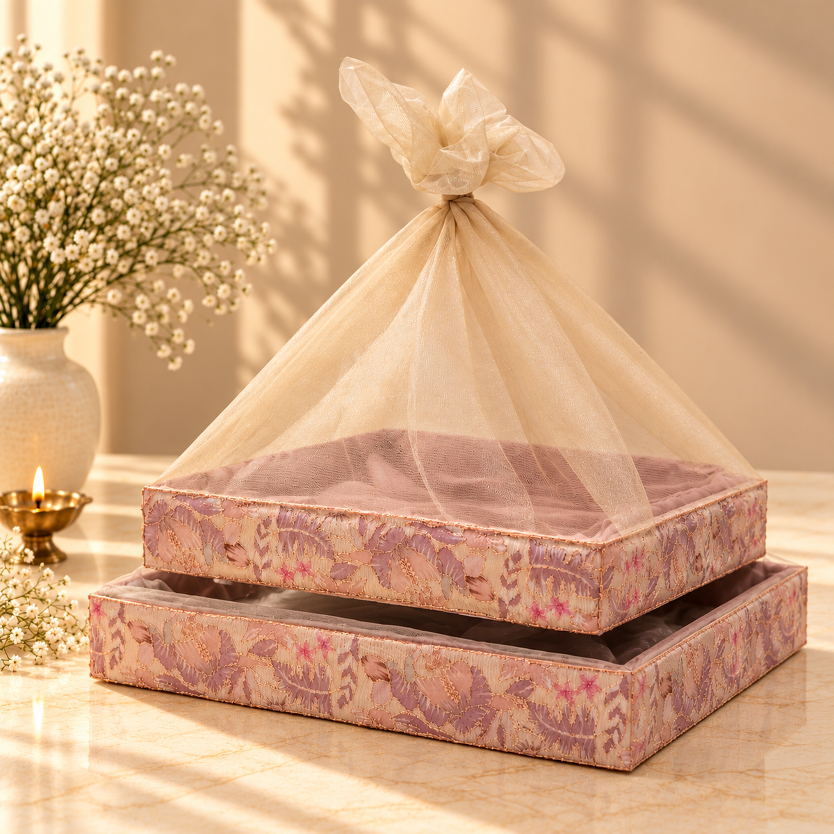 Mauve and Rose Gold 18x12 inch gift tray for wedding trousseau and festive hamper packaging