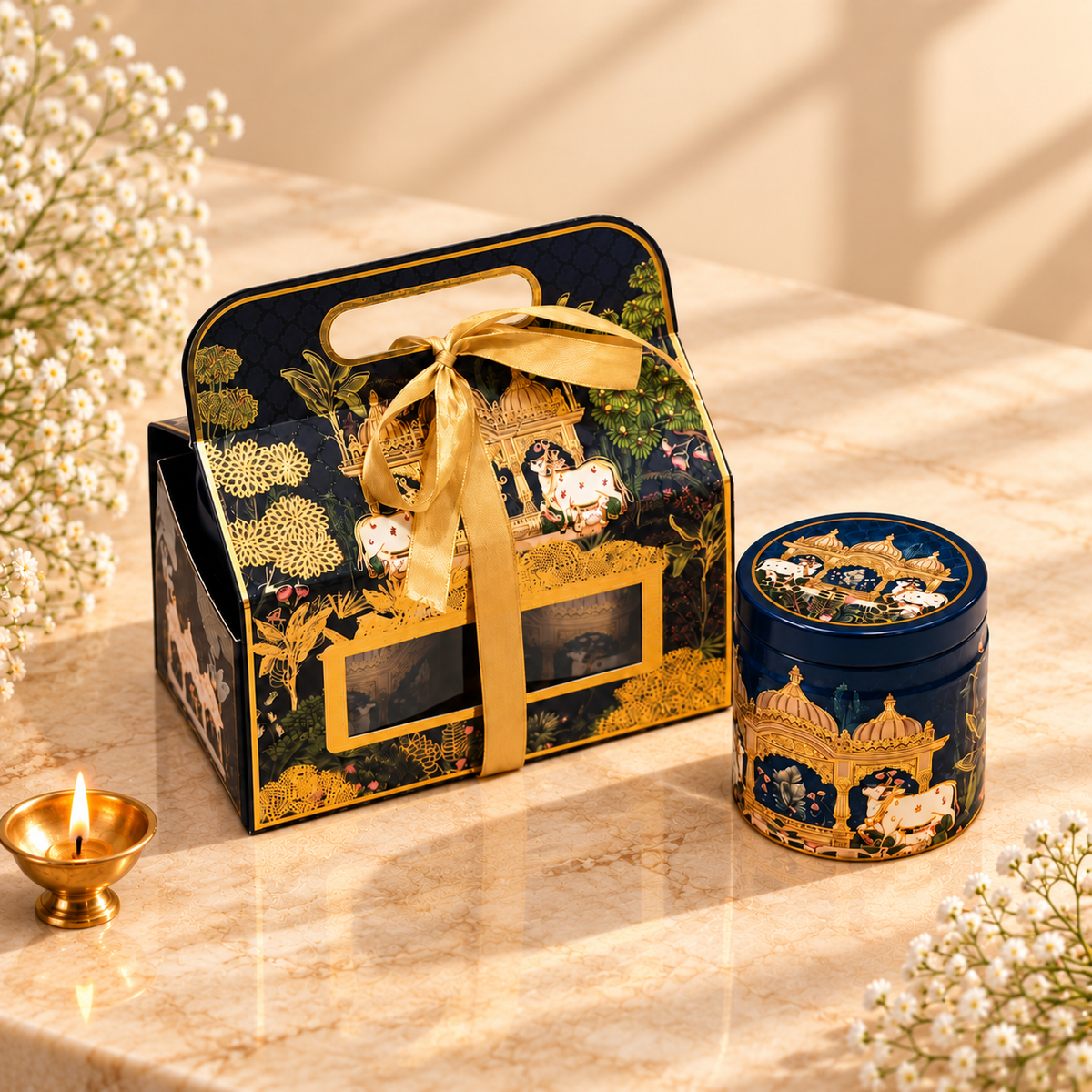 Midnight Blue Kamdhenu luxury festive gift box and tin set for Diwali, weddings and corporate gifting in India