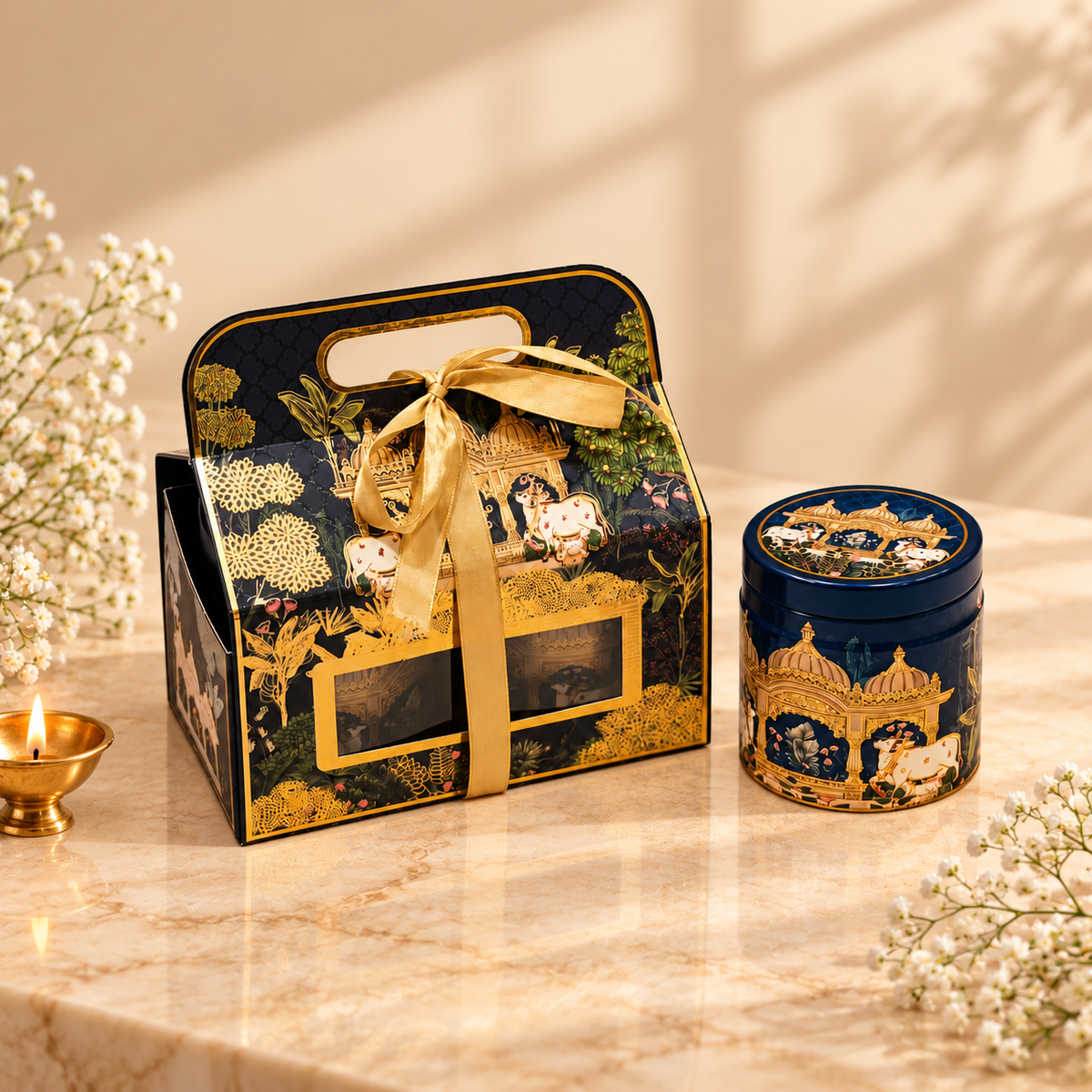 Open Midnight Blue Kamdhenu gift box with coordinated tins for customized festive gifting