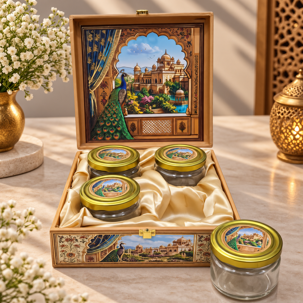 Peacock and Palace Printed 4-jar hamper gift box measuring 9.5 x 9.5 x 3.5 inches available in pack of 5