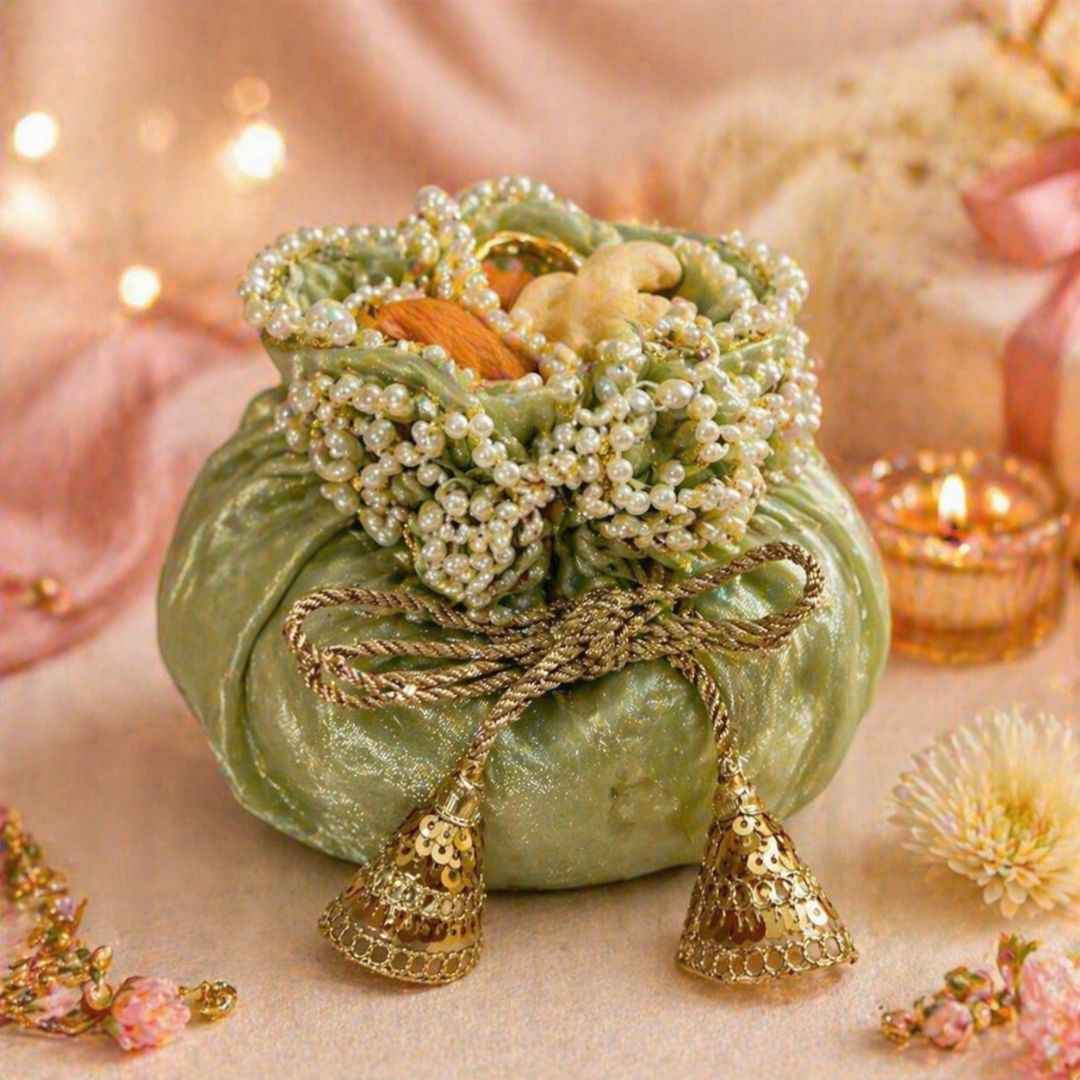 (Set of 5)Premium Pistachio Green Pearl Potli Bags for Wedding Return Gifts & Dry Fruit Packing (14 Inch)