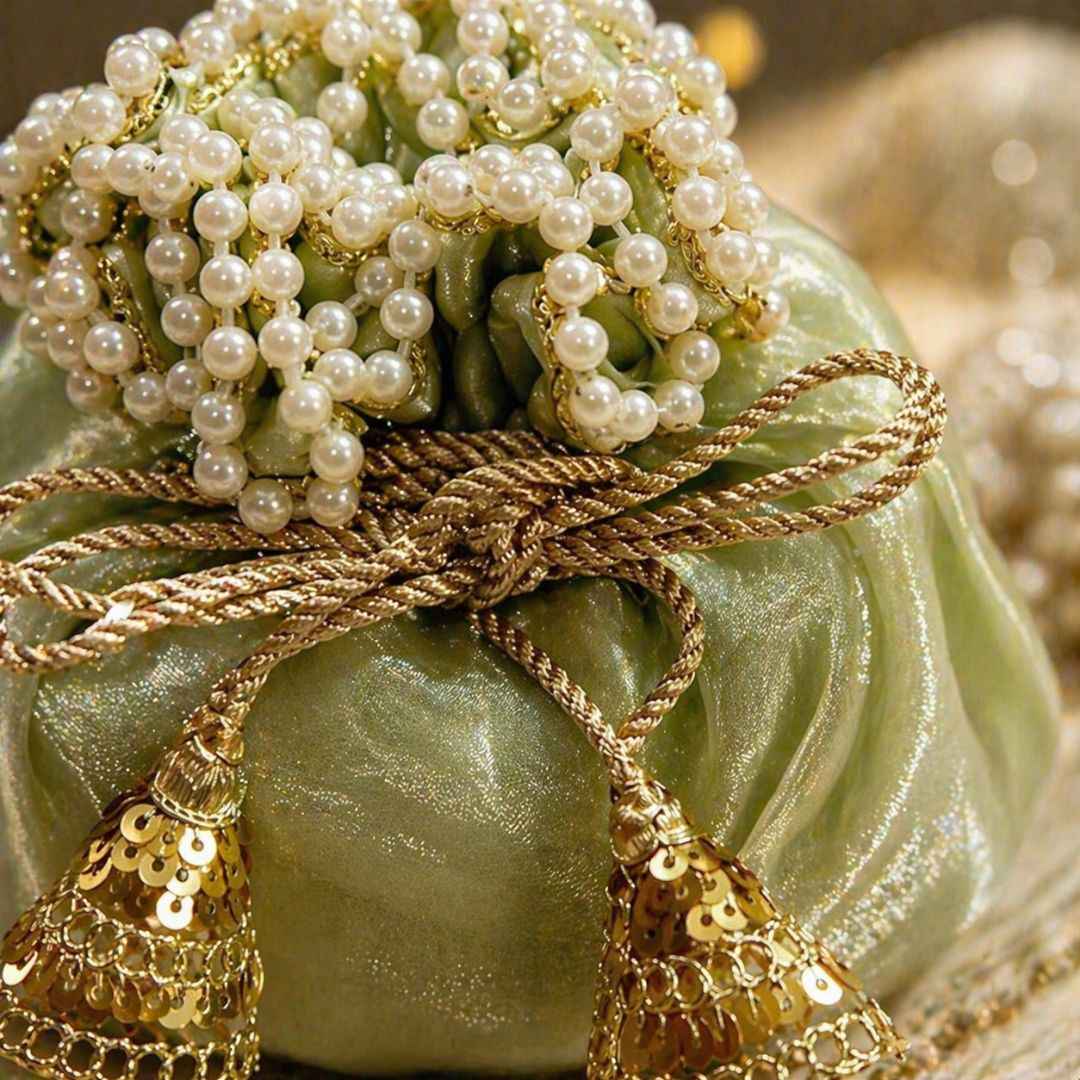 (Set of 5)Premium Pistachio Green Pearl Potli Bags for Wedding Return Gifts & Dry Fruit Packing (14 Inch)