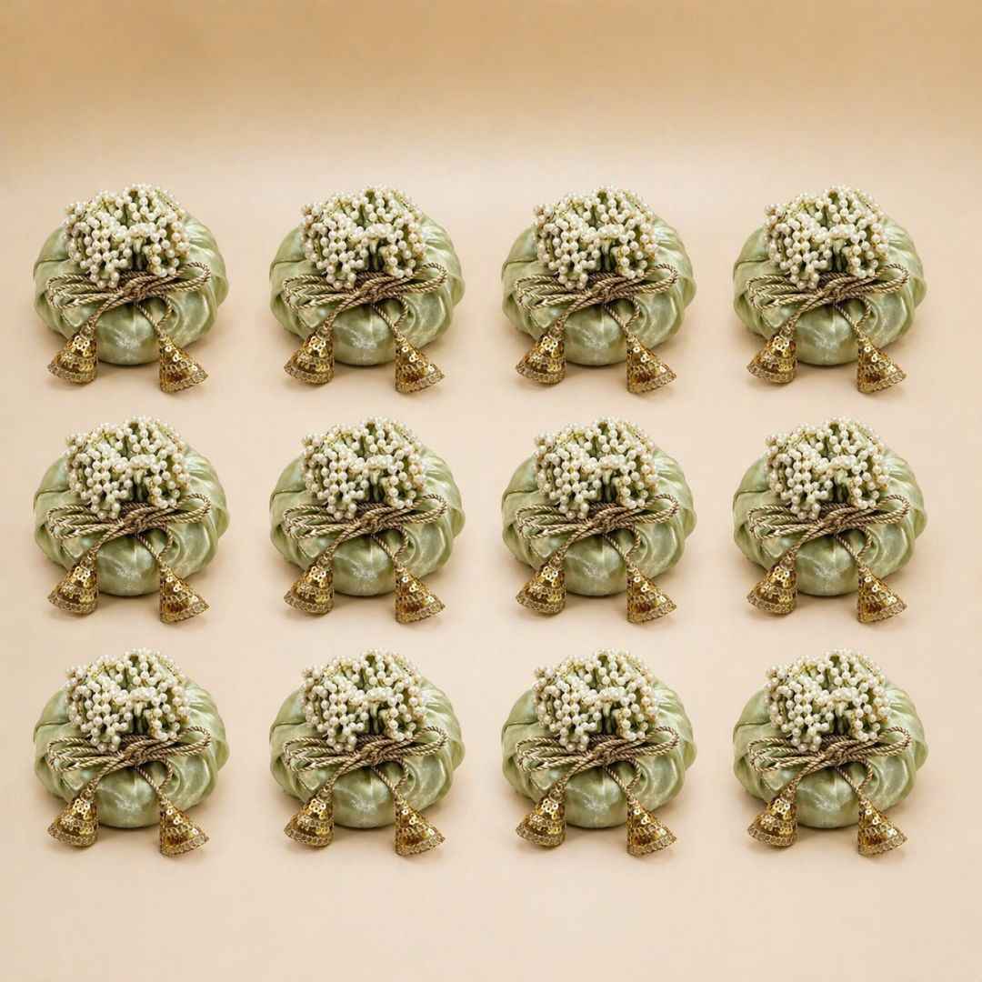 (Set of 5)Premium Pistachio Green Pearl Potli Bags for Wedding Return Gifts & Dry Fruit Packing (14 Inch)