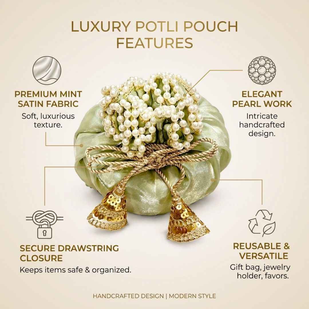 (Set of 5)Premium Pistachio Green Pearl Potli Bags for Wedding Return Gifts & Dry Fruit Packing (14 Inch)