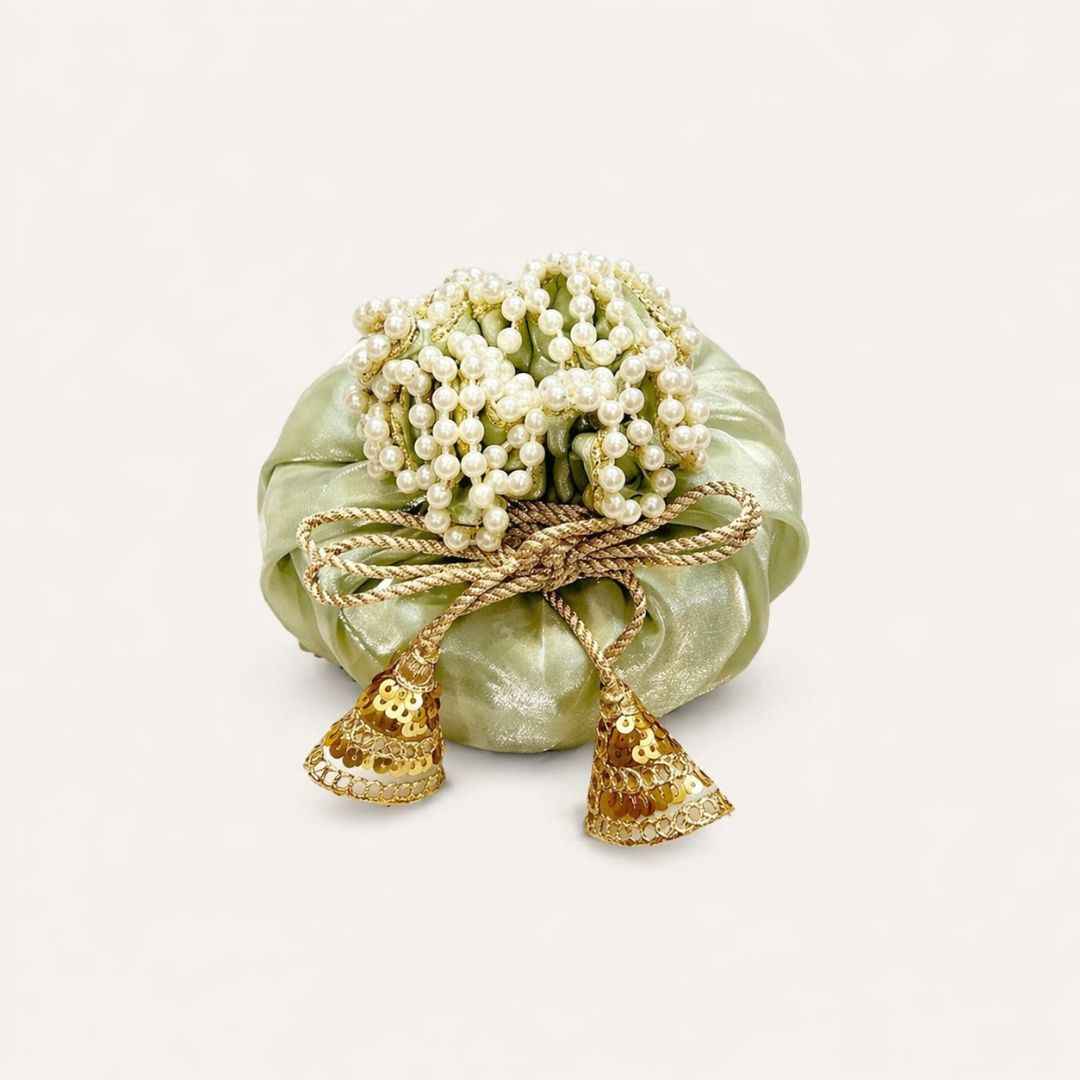 (Set of 5)Premium Pistachio Green Pearl Potli Bags for Wedding Return Gifts & Dry Fruit Packing (14 Inch)