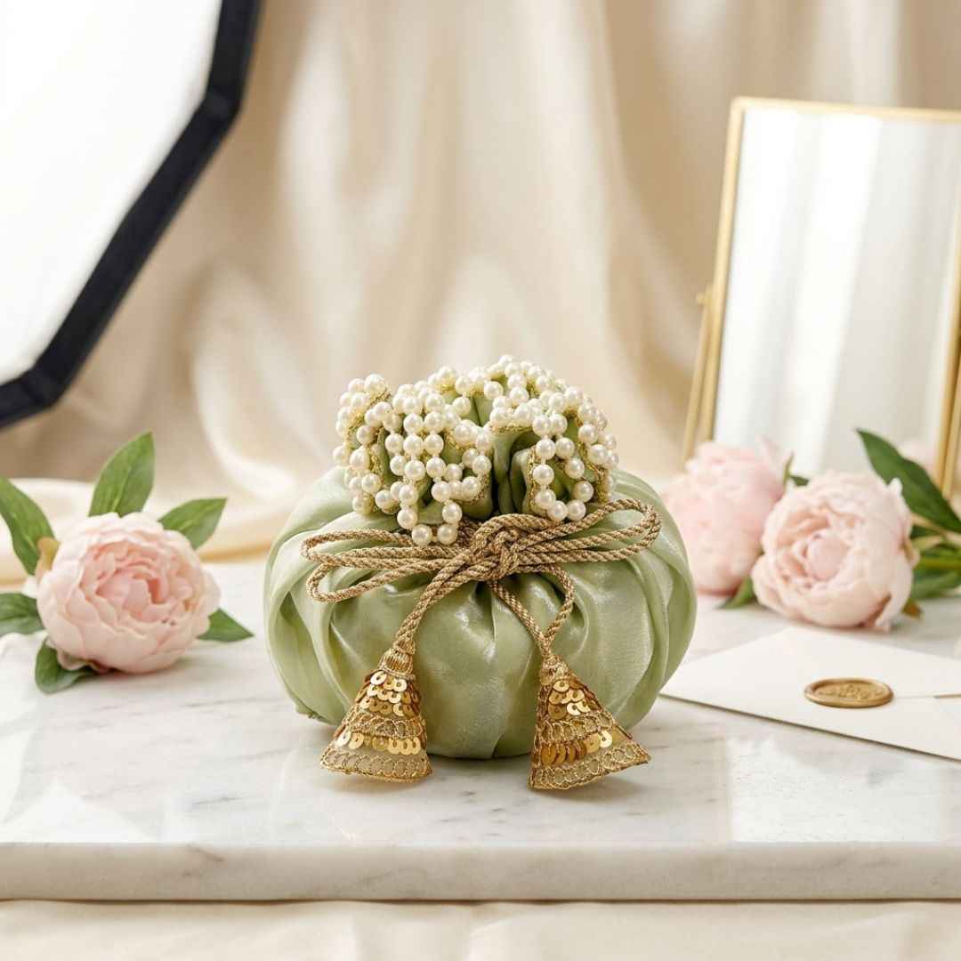 (Set of 5)Premium Pistachio Green Pearl Potli Bags for Wedding Return Gifts & Dry Fruit Packing (14 Inch)