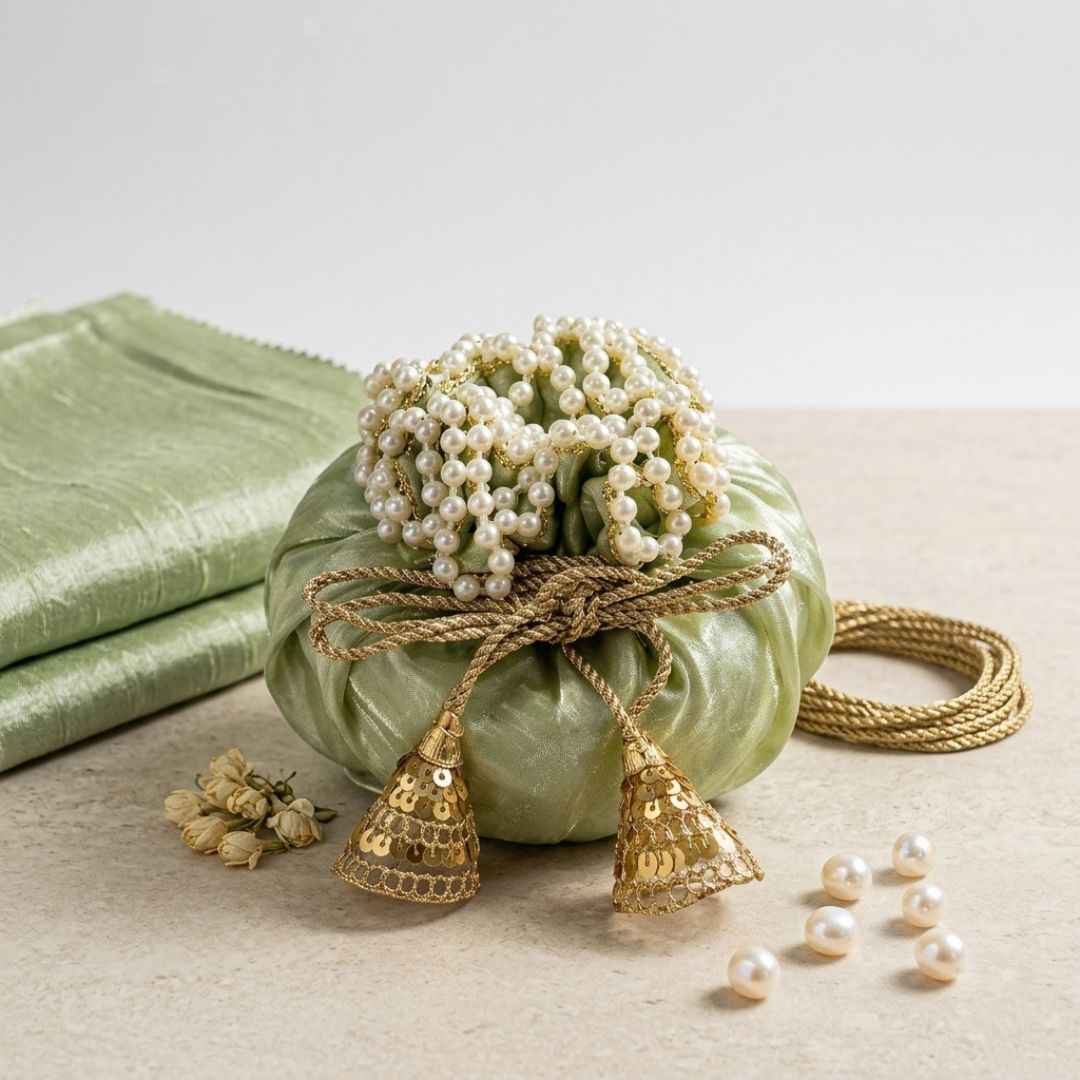(Set of 5)Premium Pistachio Green Pearl Potli Bags for Wedding Return Gifts & Dry Fruit Packing (14 Inch)