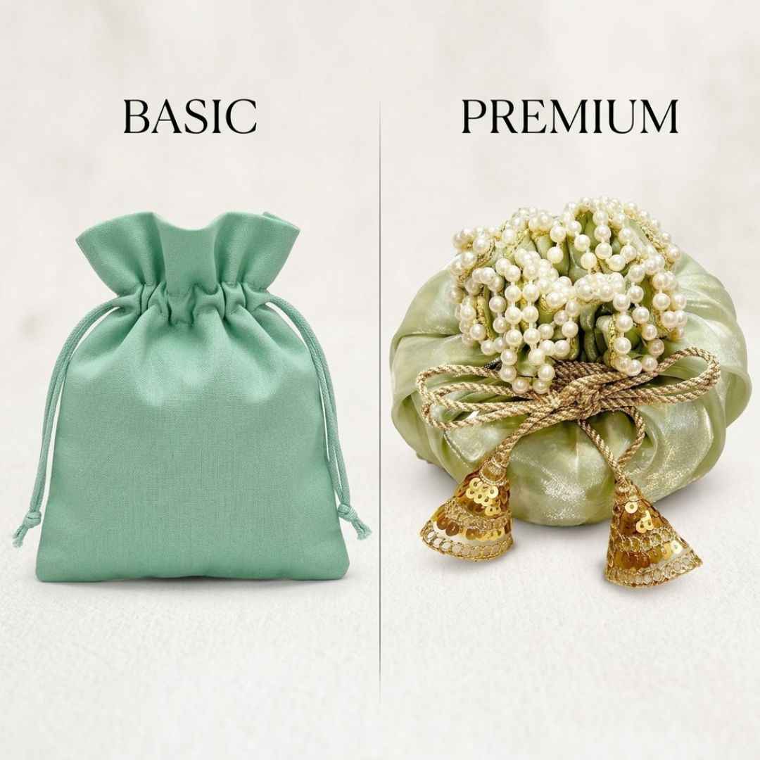 (Set of 5)Premium Pistachio Green Pearl Potli Bags for Wedding Return Gifts & Dry Fruit Packing (14 Inch)