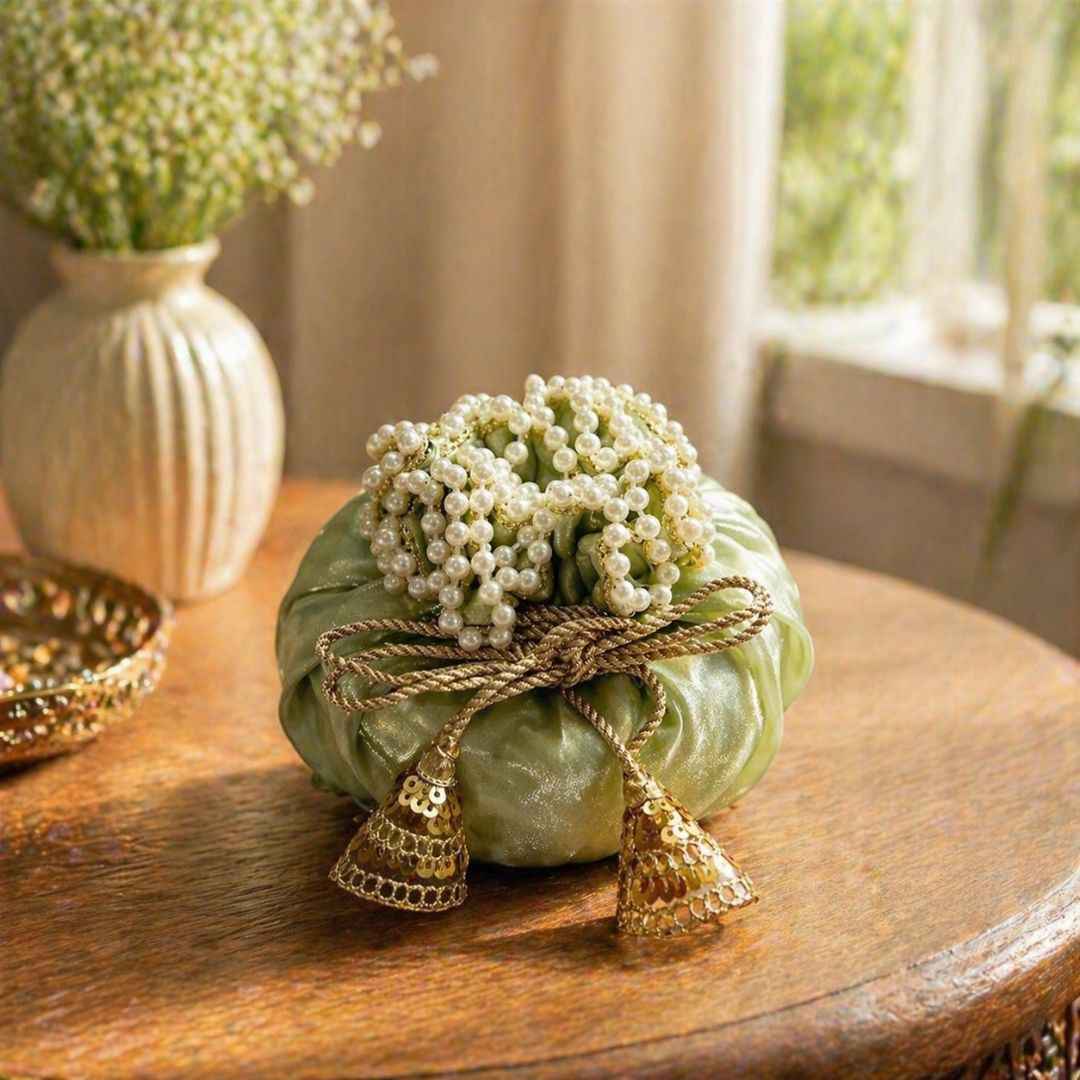 (Set of 5)Premium Pistachio Green Pearl Potli Bags for Wedding Return Gifts & Dry Fruit Packing (14 Inch)