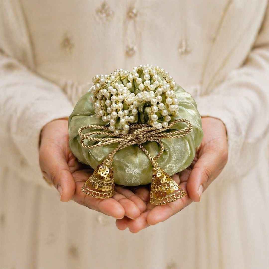 (Set of 5)Premium Pistachio Green Pearl Potli Bags for Wedding Return Gifts & Dry Fruit Packing (14 Inch)