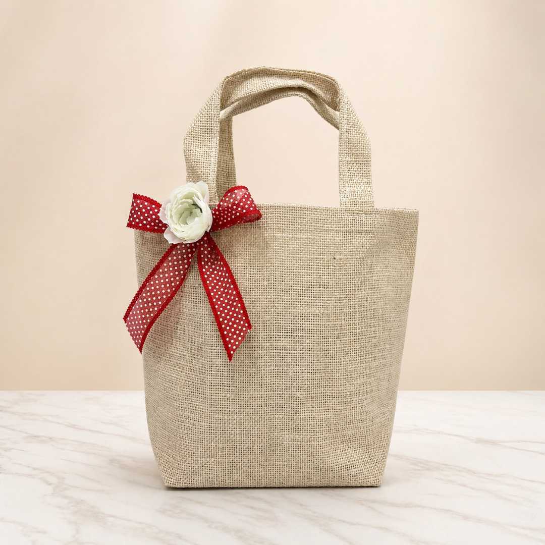 (Pack of 5)Premium Jute Gift Bag with Floral Bow | Wedding Return Gift & Hamper Bag