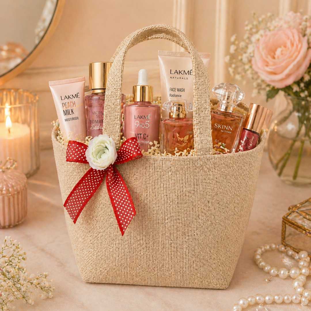 (Pack of 5)Premium Jute Gift Bag with Floral Bow | Wedding Return Gift & Hamper Bag