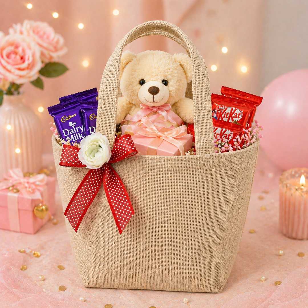 (Pack of 5)Premium Jute Gift Bag with Floral Bow | Wedding Return Gift & Hamper Bag