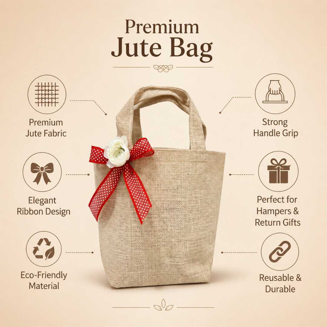 (Pack of 5)Premium Jute Gift Bag with Floral Bow | Wedding Return Gift & Hamper Bag
