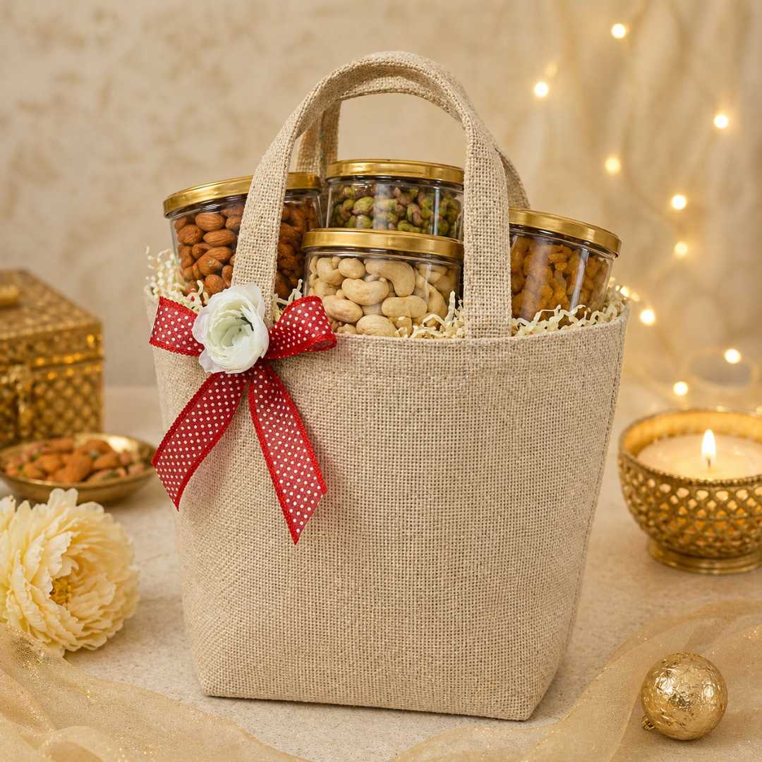 (Pack of 5)Premium Jute Gift Bag with Floral Bow | Wedding Return Gift & Hamper Bag