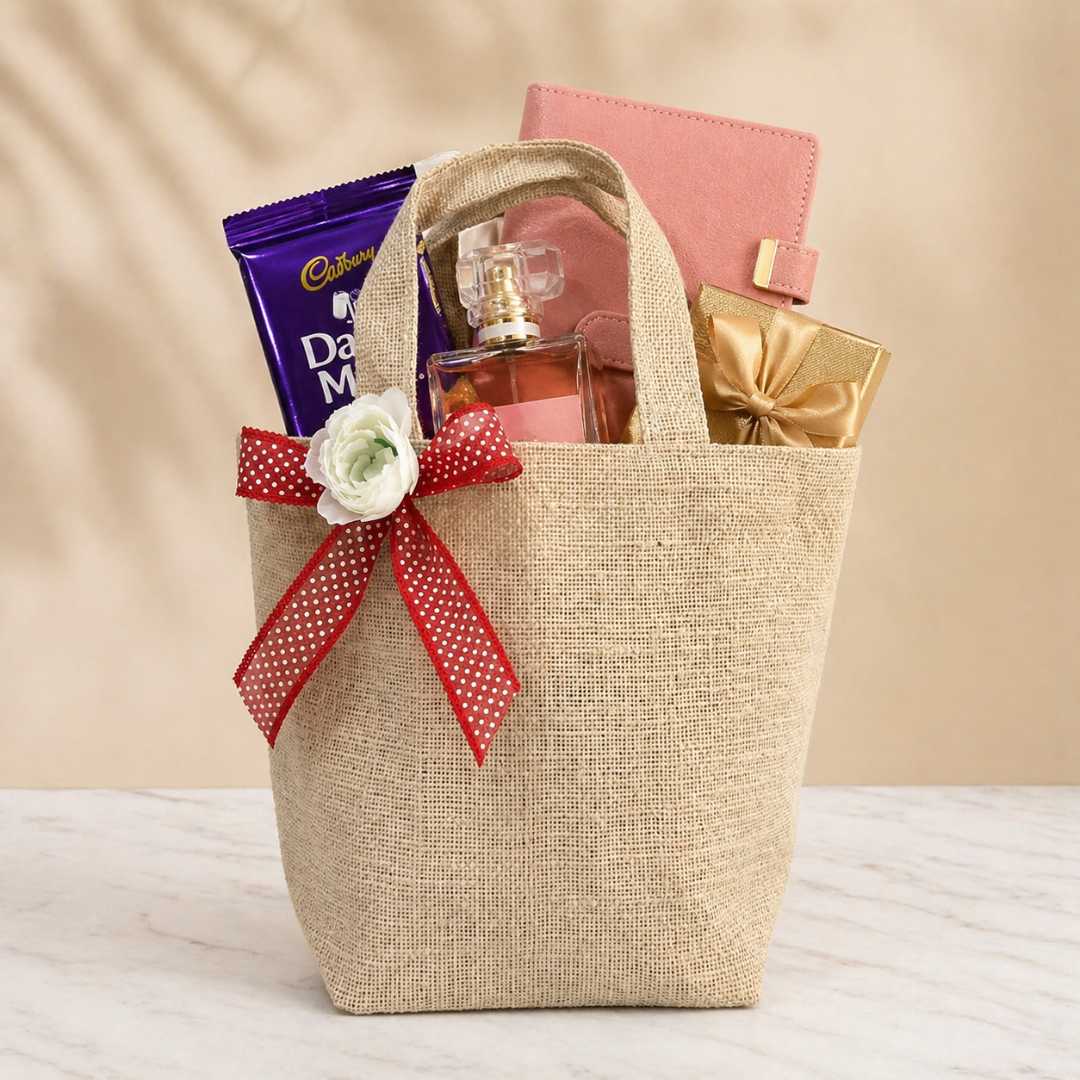 (Pack of 5)Premium Jute Gift Bag with Floral Bow | Wedding Return Gift & Hamper Bag