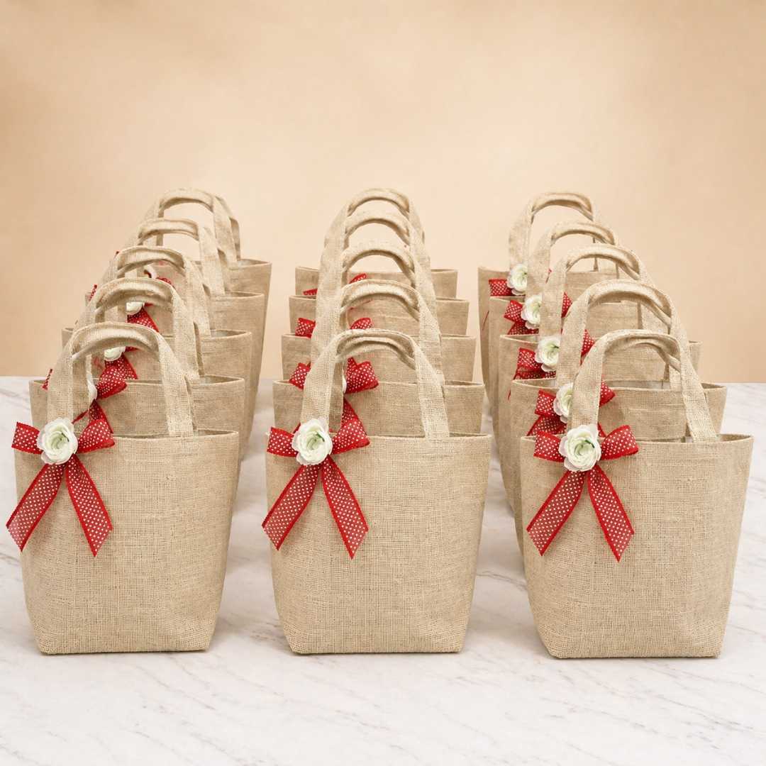 (Pack of 5)Premium Jute Gift Bag with Floral Bow | Wedding Return Gift & Hamper Bag