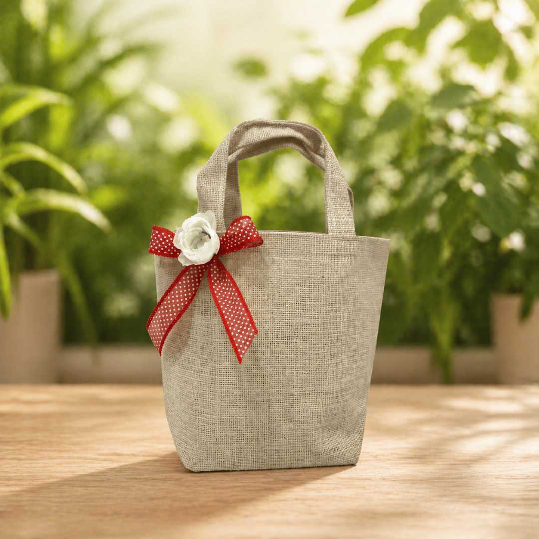 (Pack of 5)Premium Jute Gift Bag with Floral Bow | Wedding Return Gift & Hamper Bag