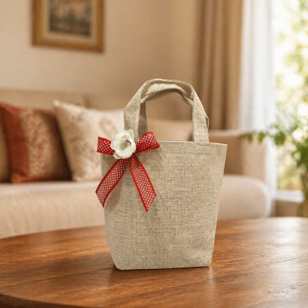 (Pack of 5)Premium Jute Gift Bag with Floral Bow | Wedding Return Gift & Hamper Bag