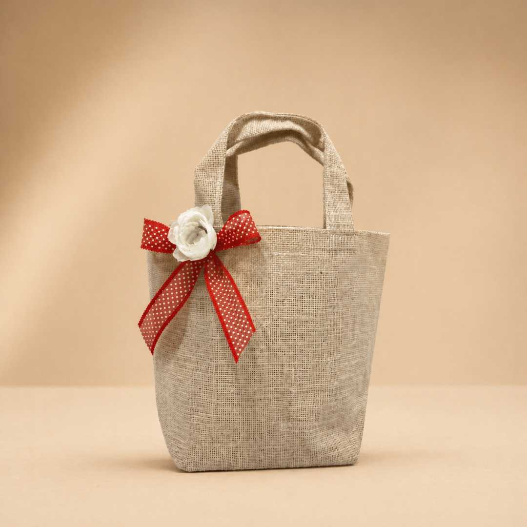 (Pack of 5)Premium Jute Gift Bag with Floral Bow | Wedding Return Gift & Hamper Bag