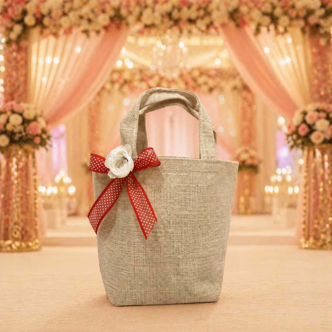 (Pack of 5)Premium Jute Gift Bag with Floral Bow | Wedding Return Gift & Hamper Bag