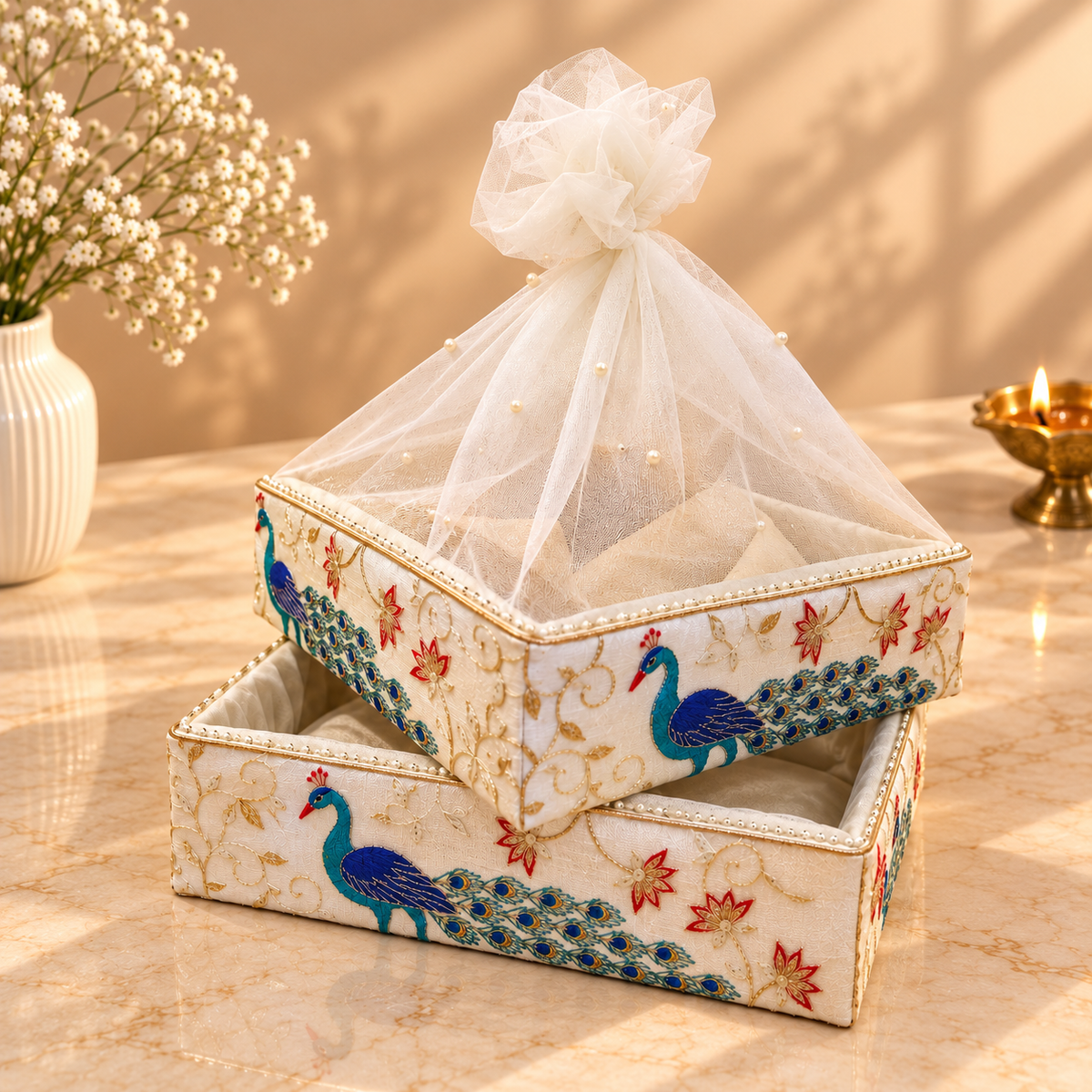 Royal Peacock and Floral gift tray with pearl beaded border for wedding trousseau and Diwali hamper packaging