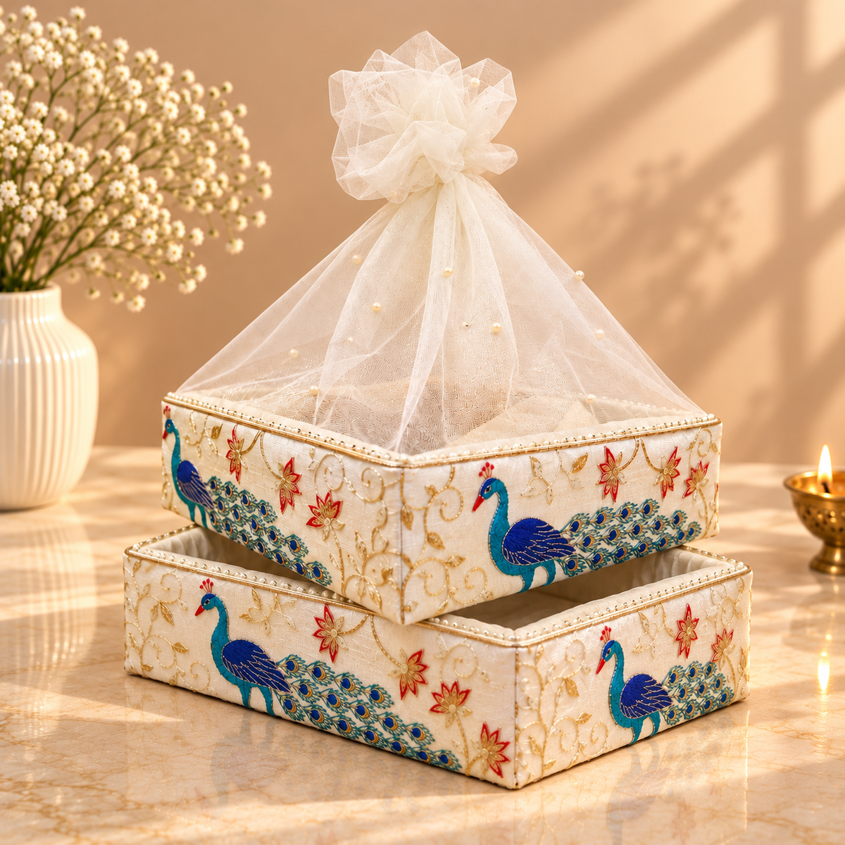 Royal Peacock and Floral nesting tray set of 2 in 10x10 and 12x12 inch sizes with pearl-studded net covers