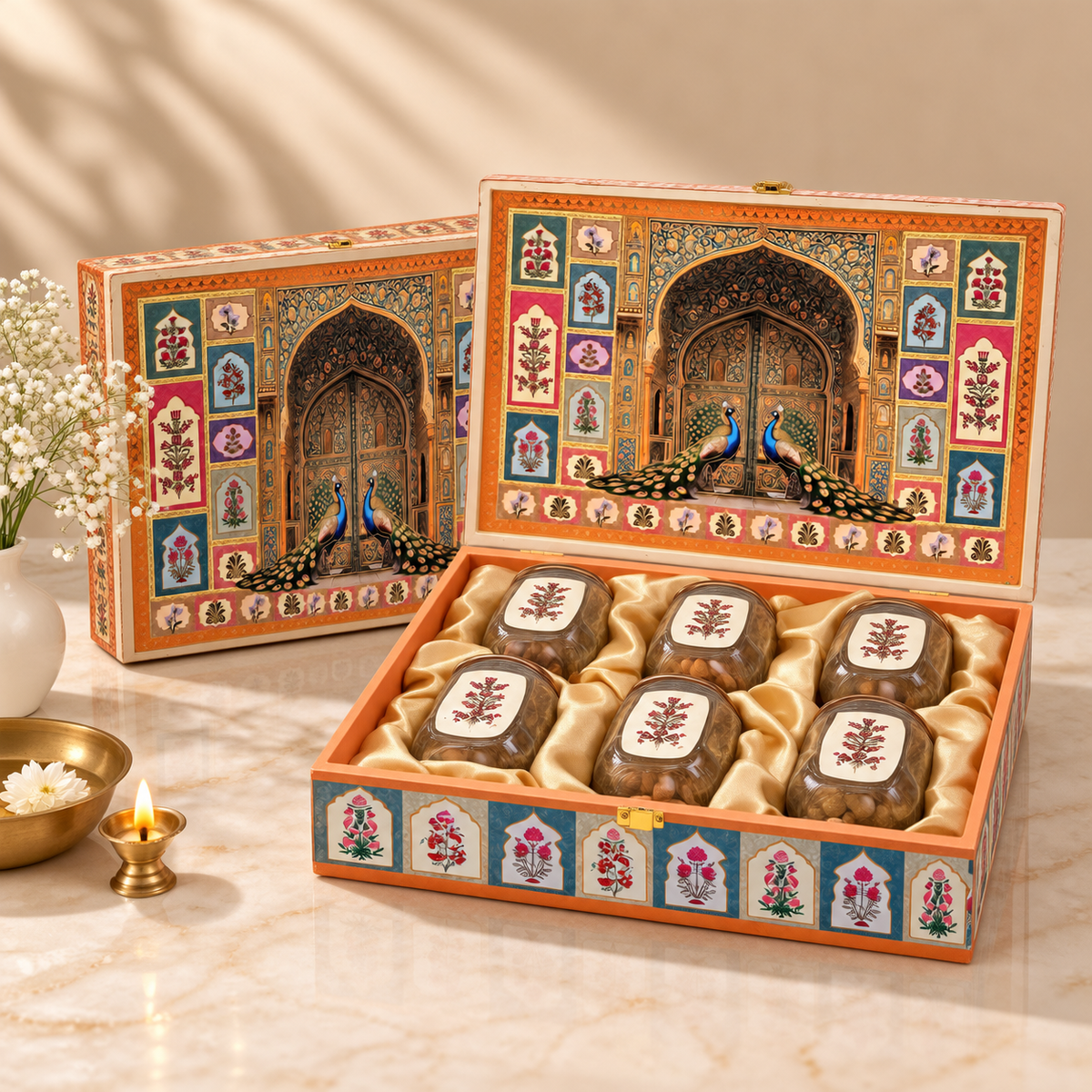 Premium Royal Peacock Palace theme gift box in 10 x 15 x 3 inch size for Diwali, wedding and corporate gifting