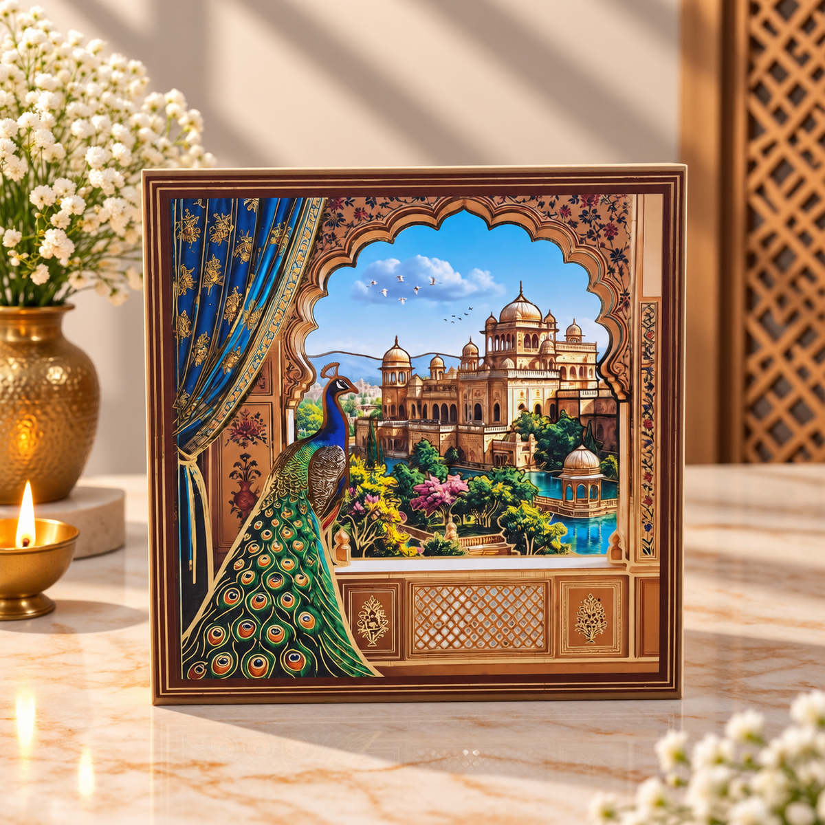 Premium Peacock and Palace Printed hamper gift box for Diwali, wedding and corporate gifting