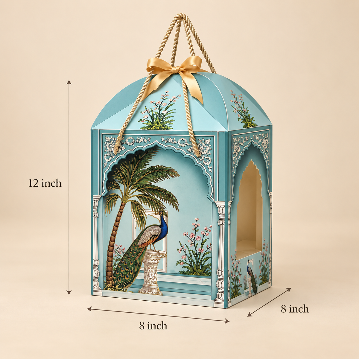 Peacock Print Paper Dome Window Hamper Box with Rope Handle – 8 x 12 x 8 Inch