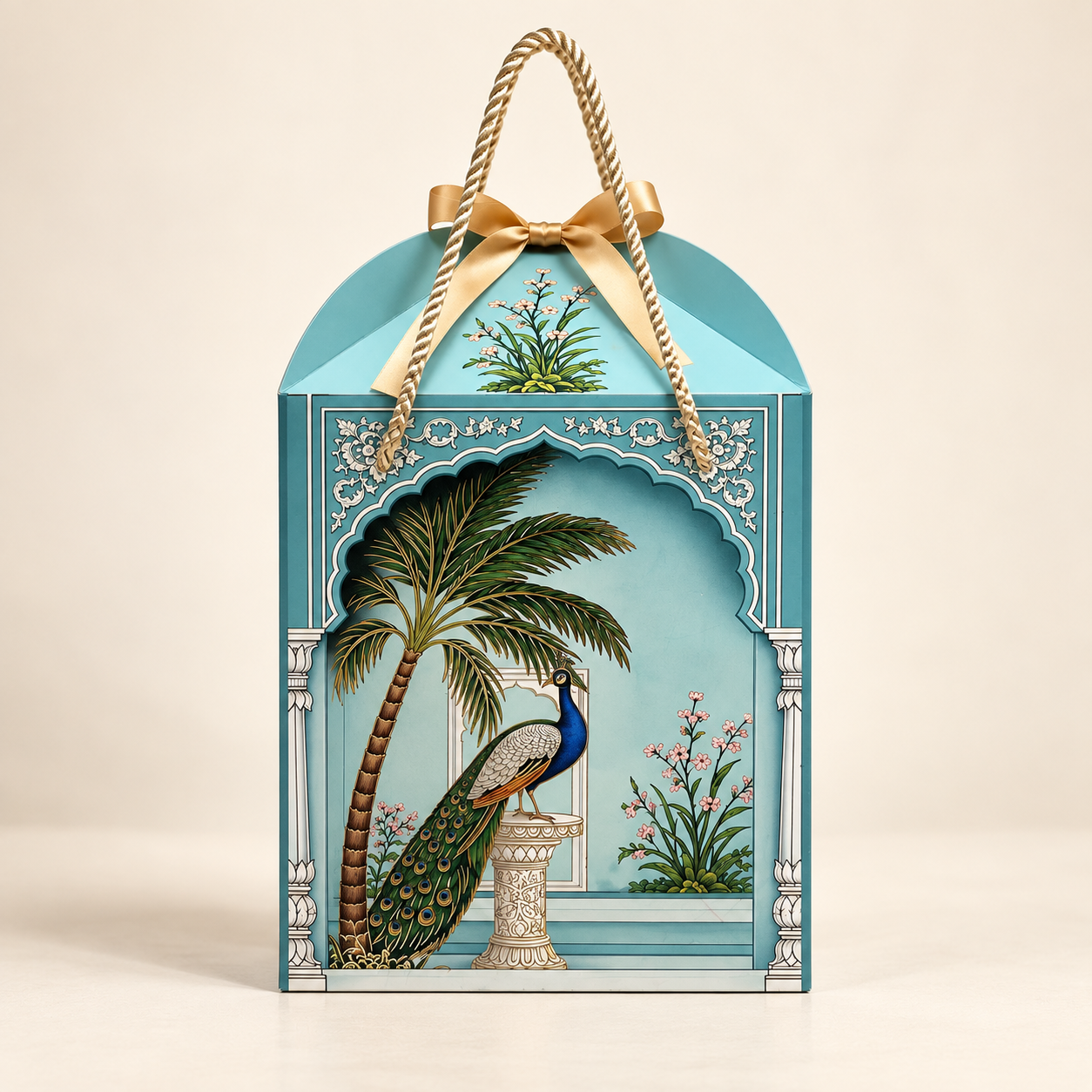 Peacock Print Paper Dome Window Hamper Box with Rope Handle – 8 x 12 x 8 Inch