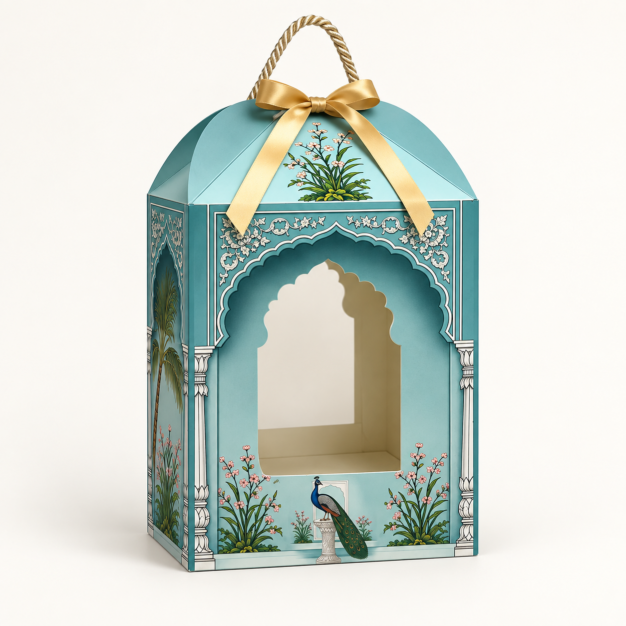 Peacock Print Paper Dome Window Hamper Box with Rope Handle – 8 x 12 x 8 Inch