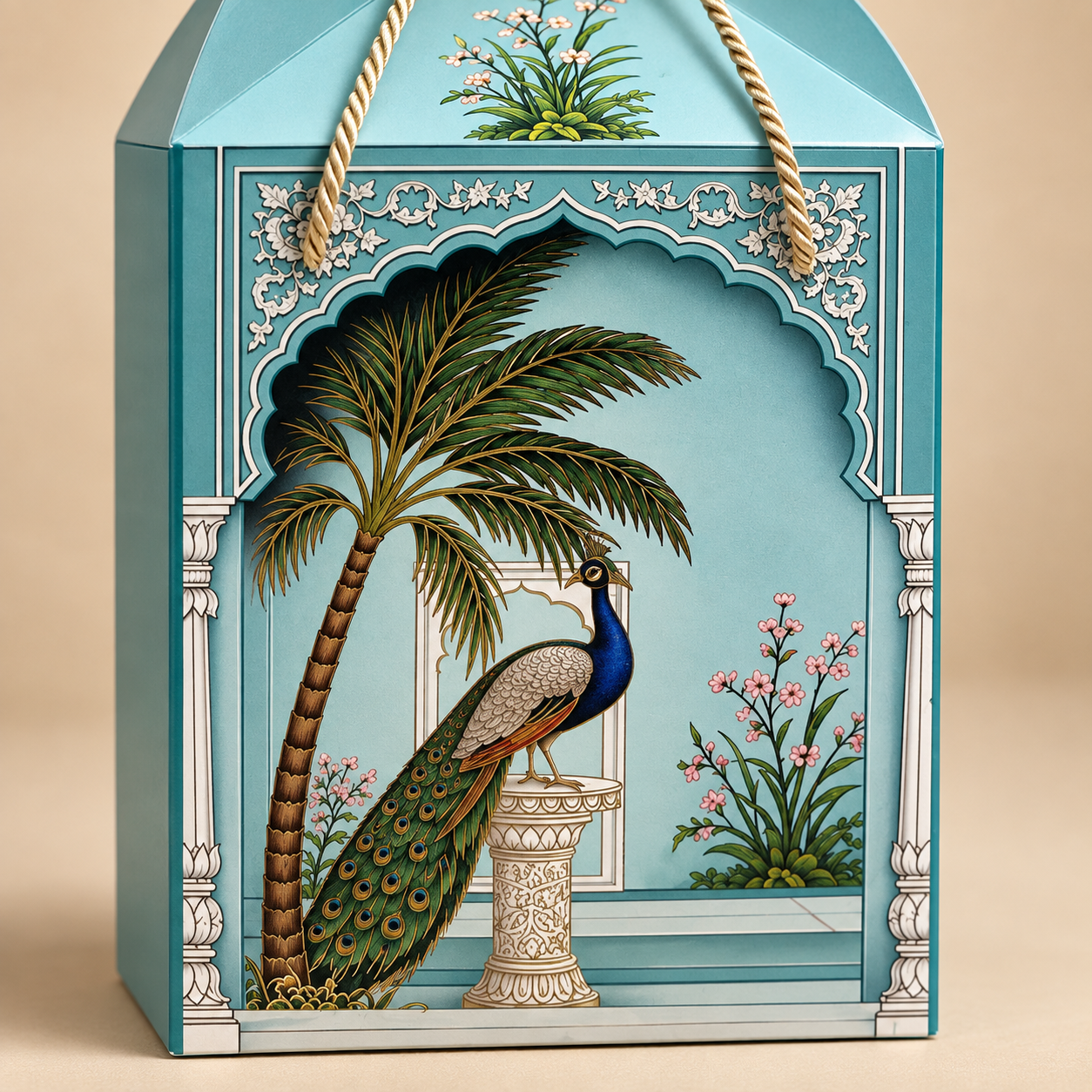 Peacock Print Paper Dome Window Hamper Box with Rope Handle – 8 x 12 x 8 Inch