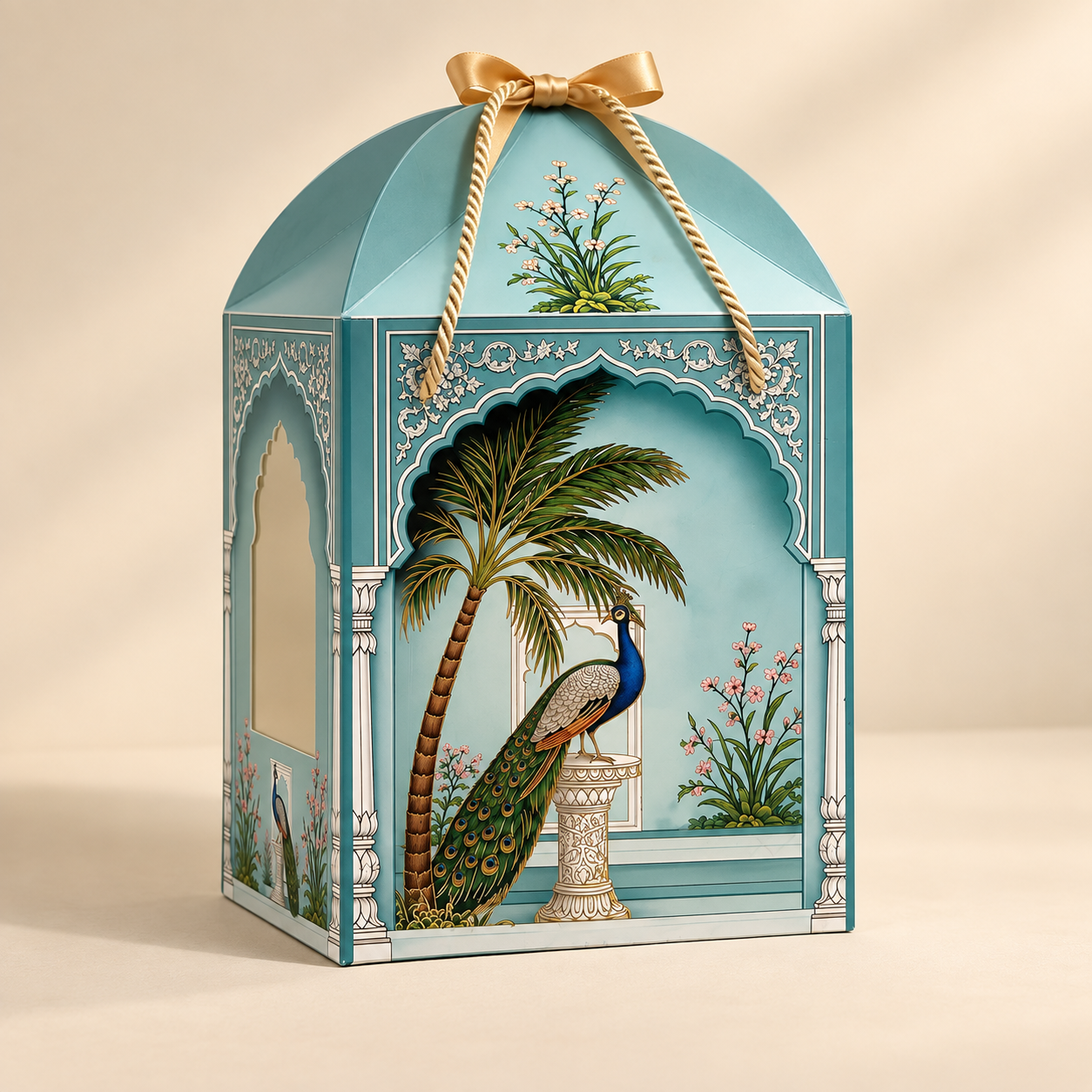 Peacock Print Paper Dome Window Hamper Box with Rope Handle – 8 x 12 x 8 Inch