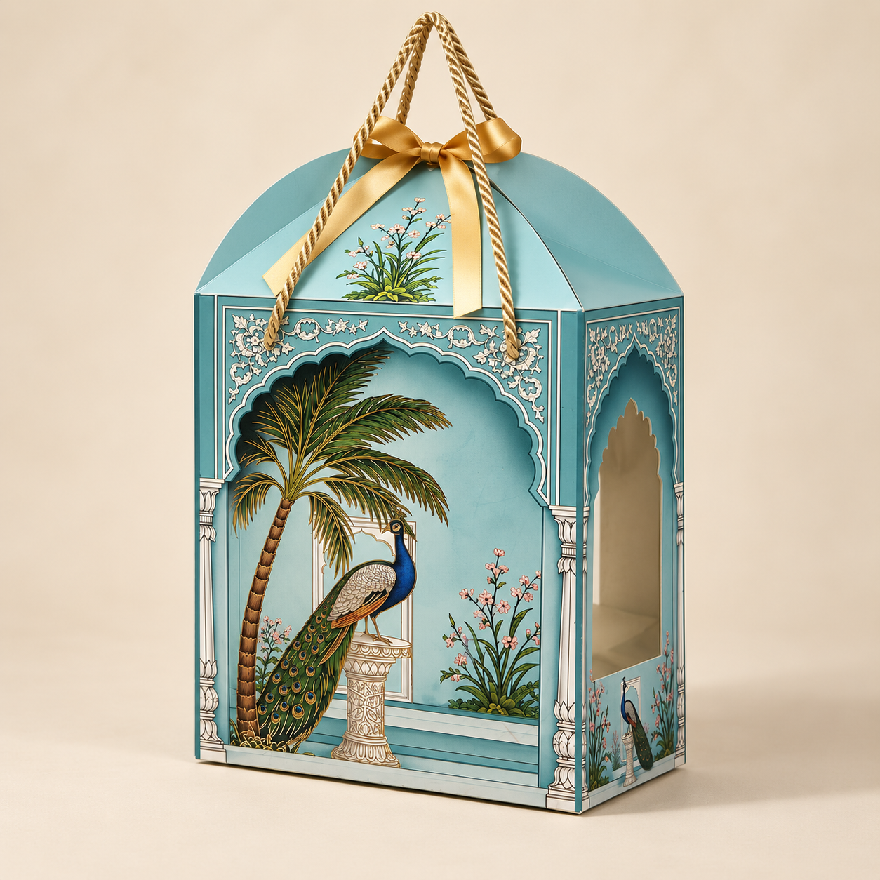 Peacock Print Paper Dome Window Hamper Box with Rope Handle – 8 x 12 x 8 Inch
