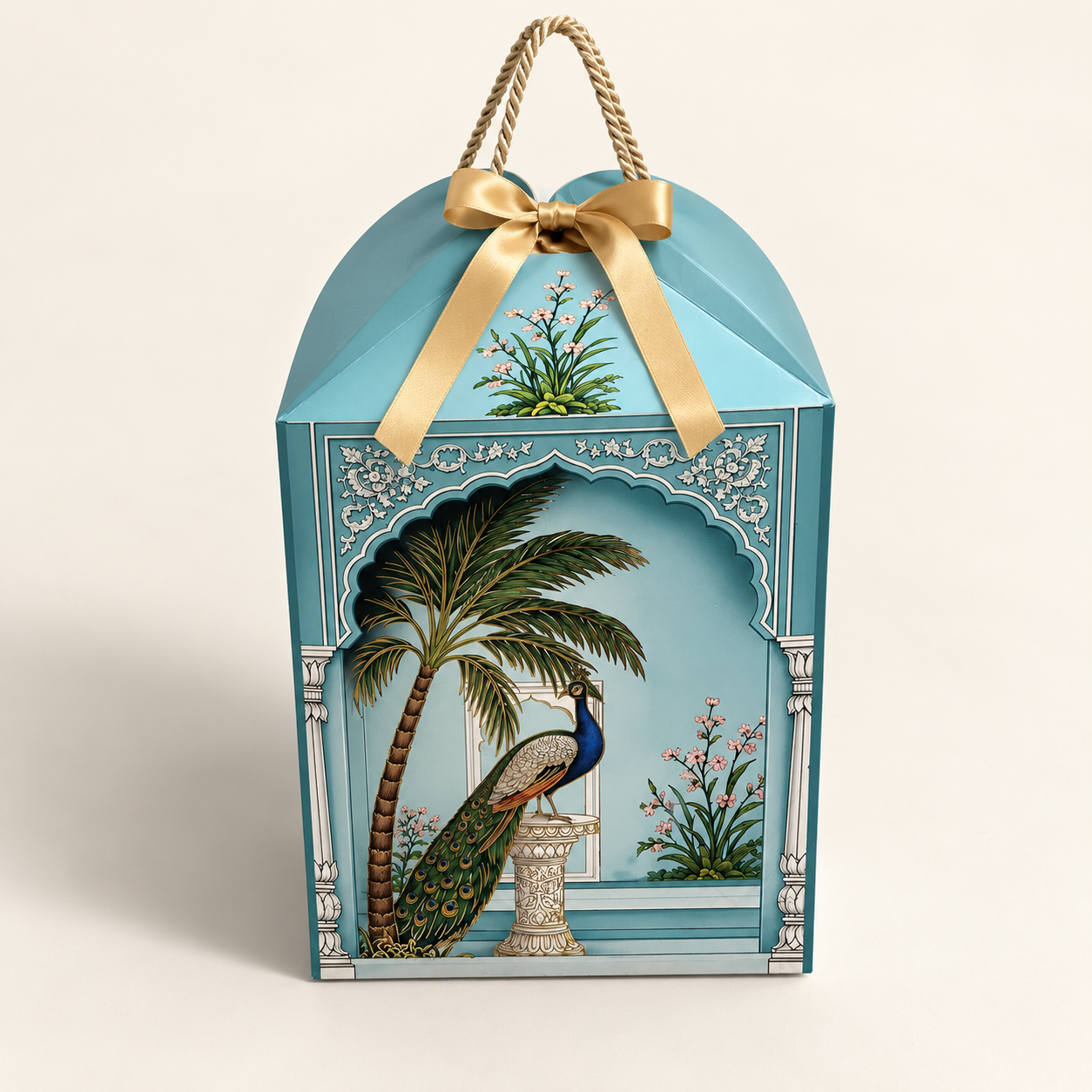 Peacock Print Paper Dome Window Hamper Box with Rope Handle – 8 x 12 x 8 Inch